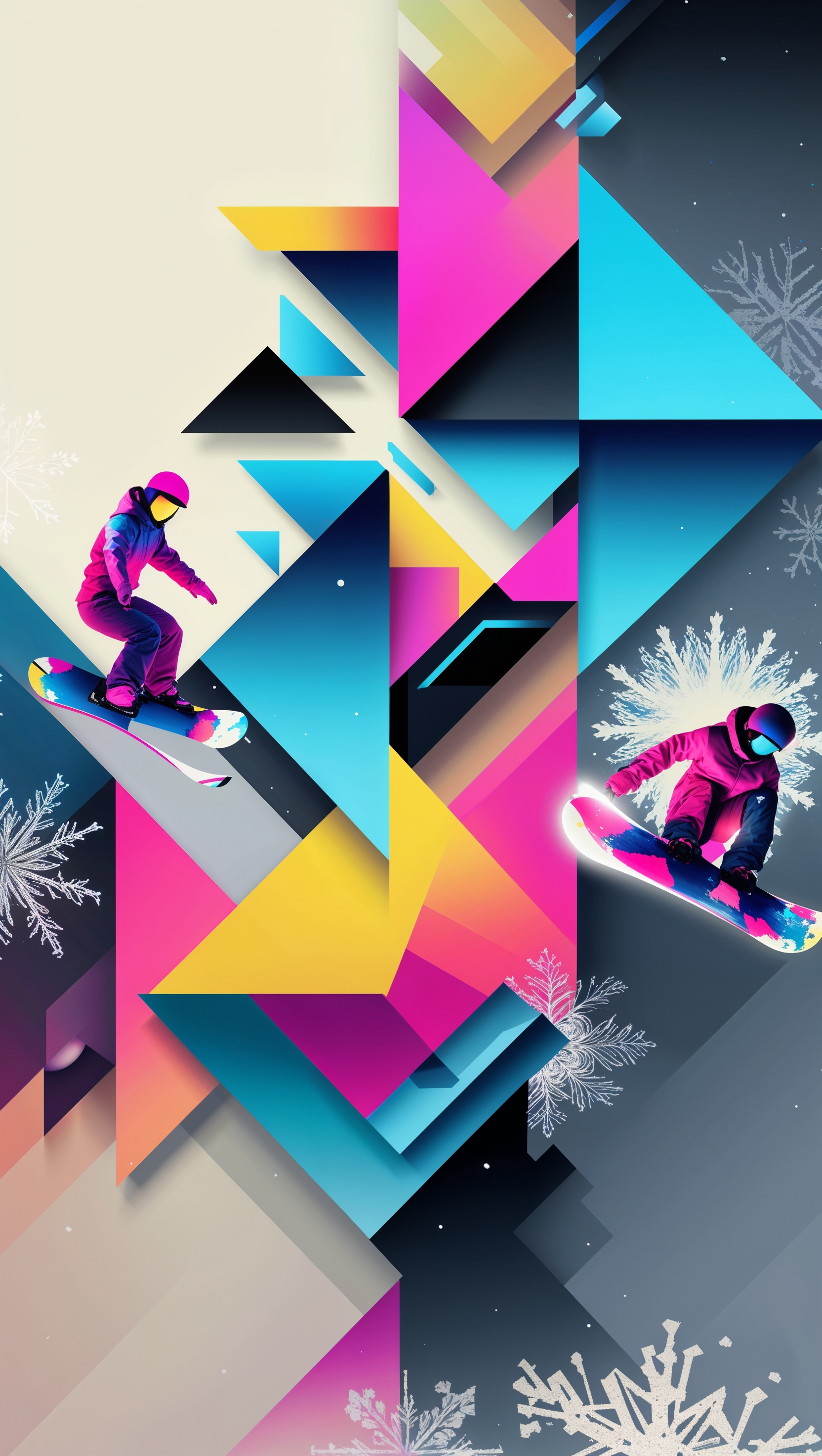 Snowboarding mixed with modern geometric patterns, artistic iPhone background