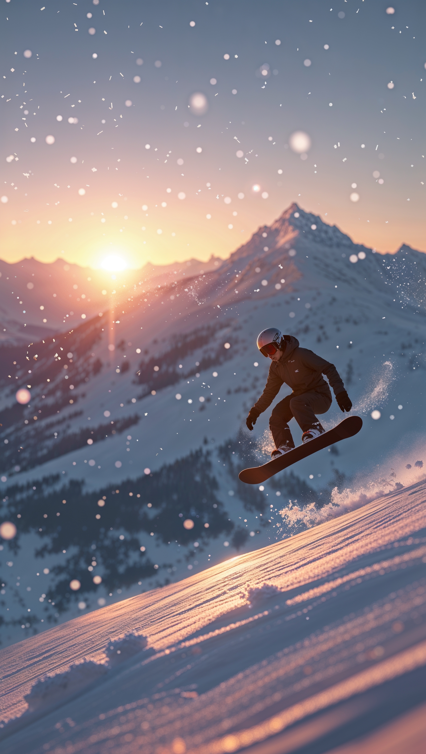Snowy mountain landscape with a snowboarder riding, golden sunset light, high quality