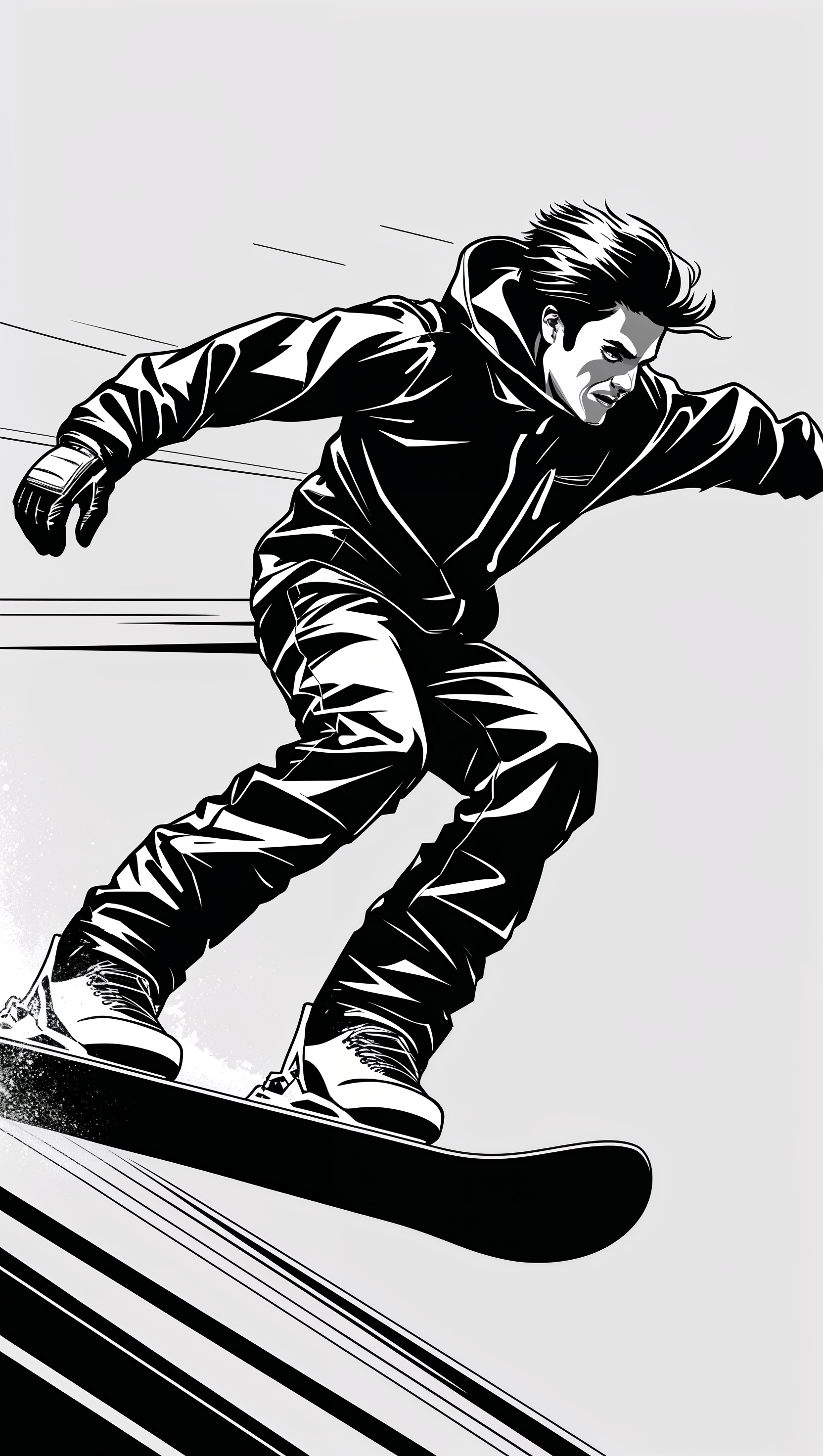 Black and white graphic design of a snowboarder in motion, simple background
