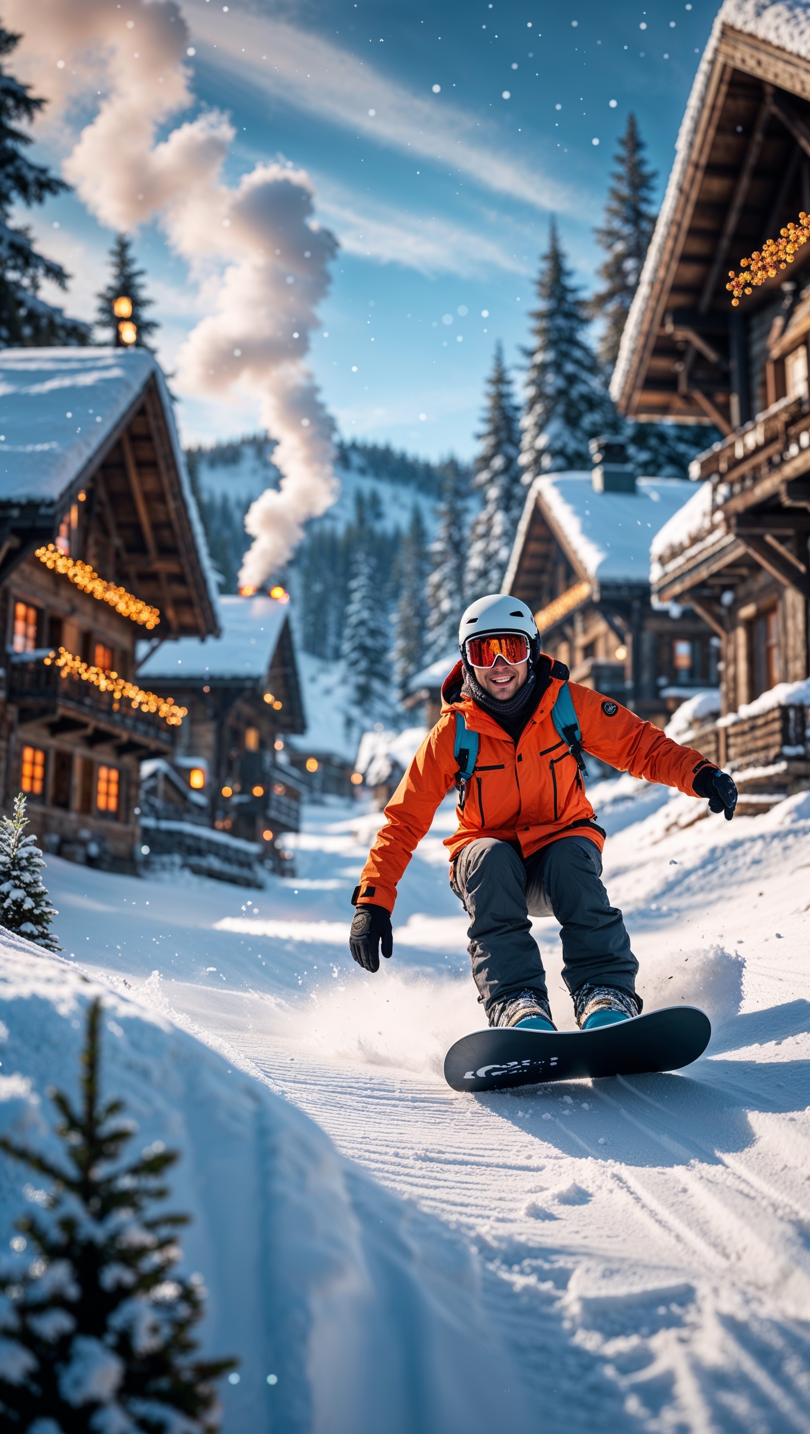 Snowboarding through a snow-covered village, cozy and adventurous