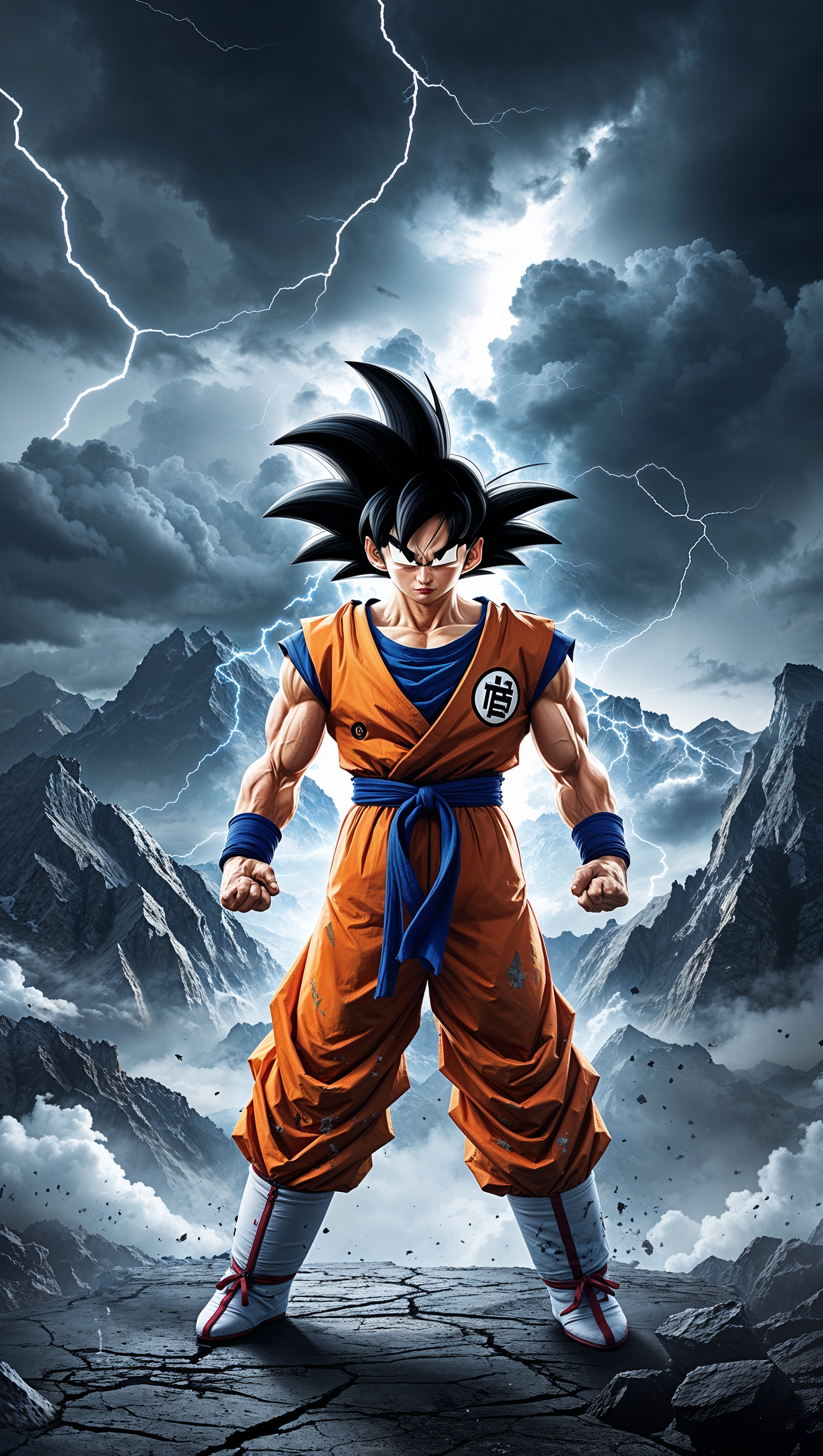 Son Goku fighting in mountains with stormy clouds