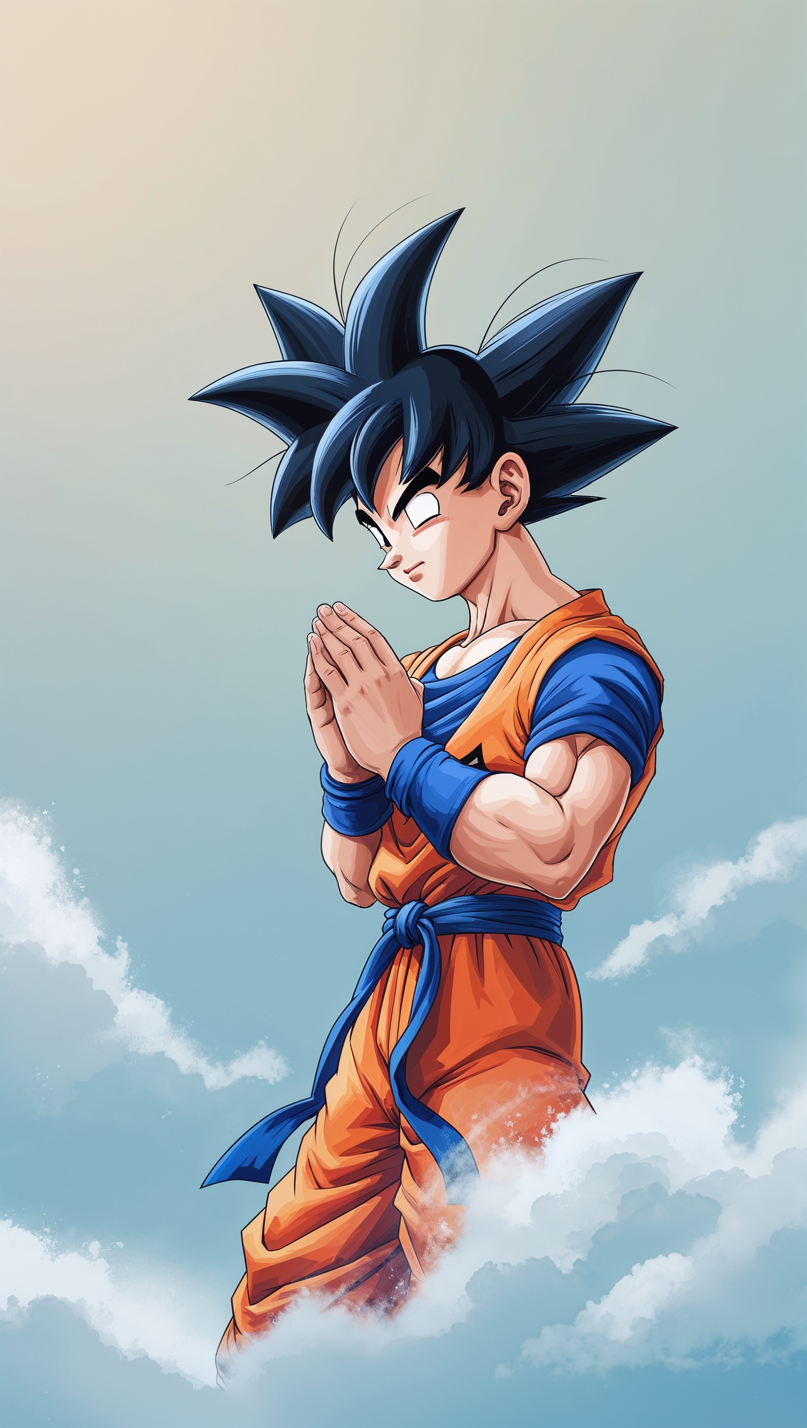 Son Goku calm and deep thinking pose with simple background