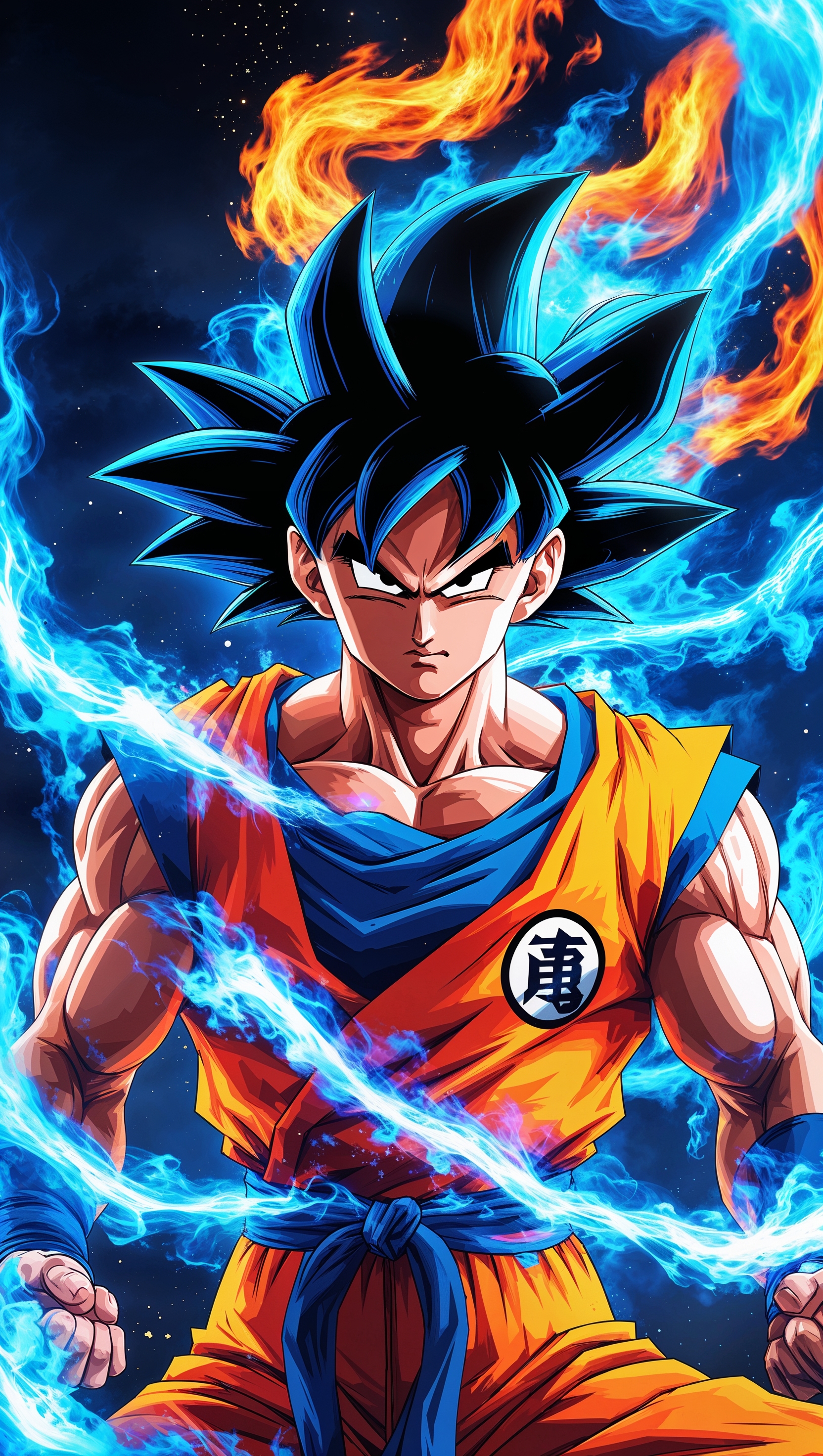 Son Goku with intense energy aura and blue flames