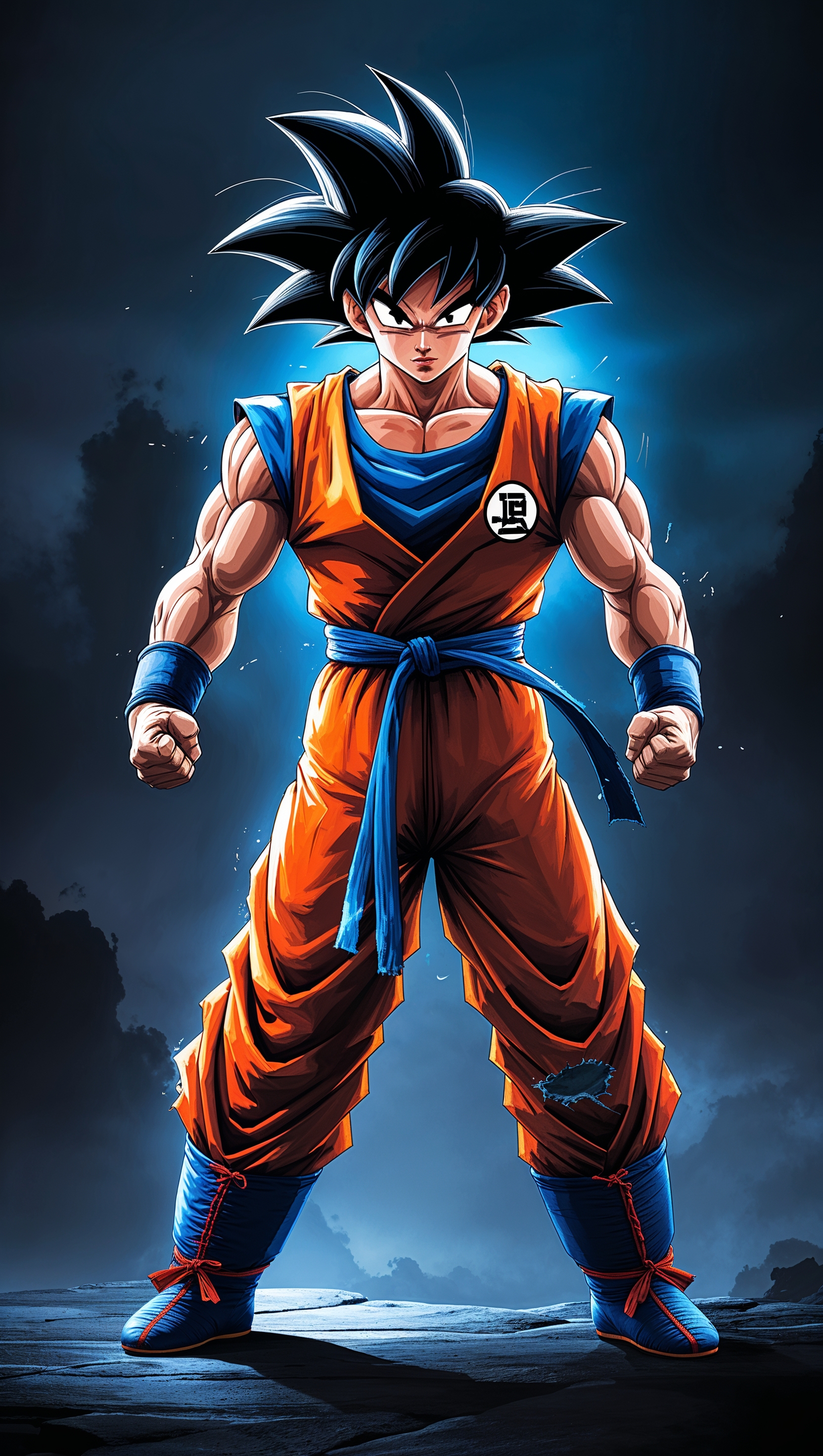 Son Goku preparing for battle with dark background