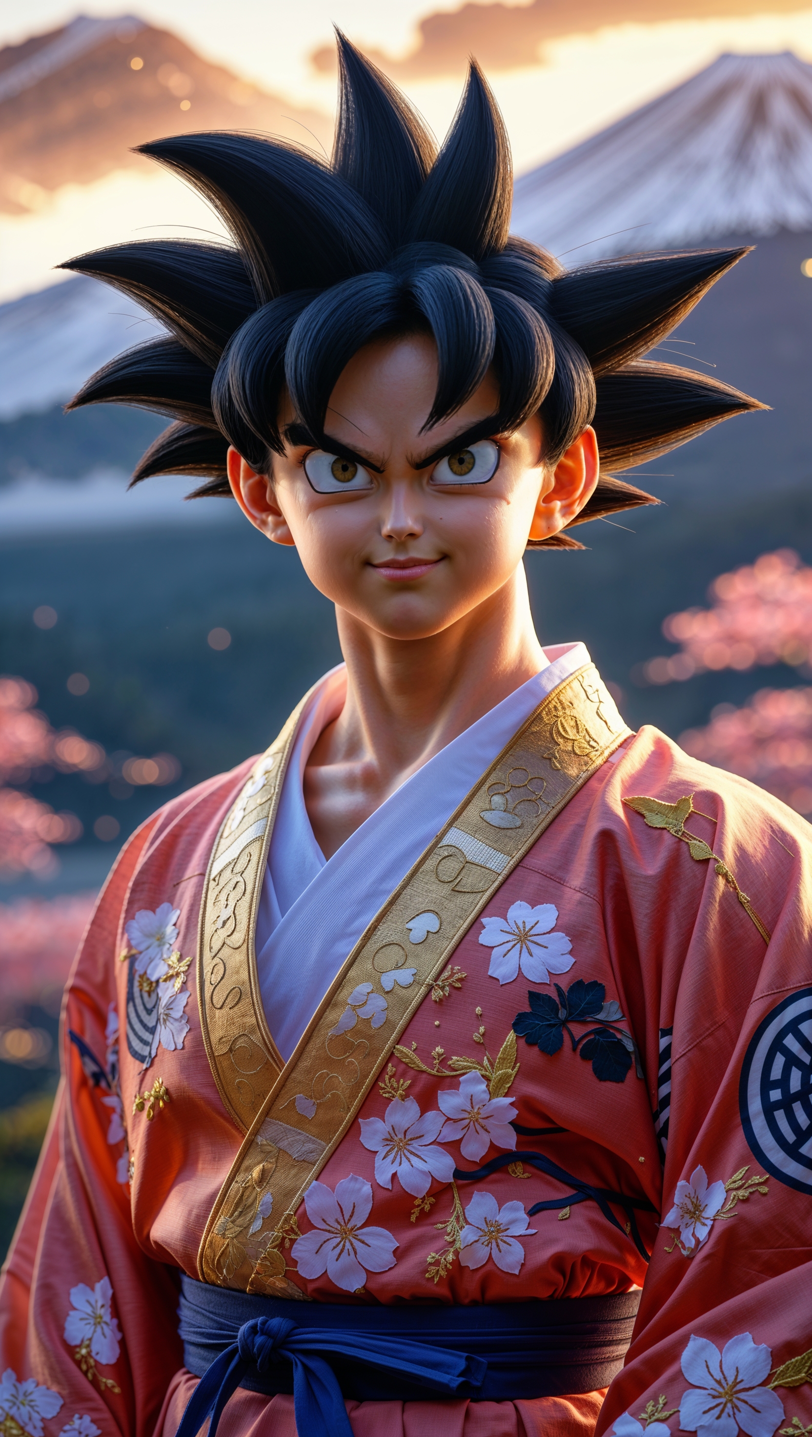 Son Goku in traditional Japanese clothes with classic background