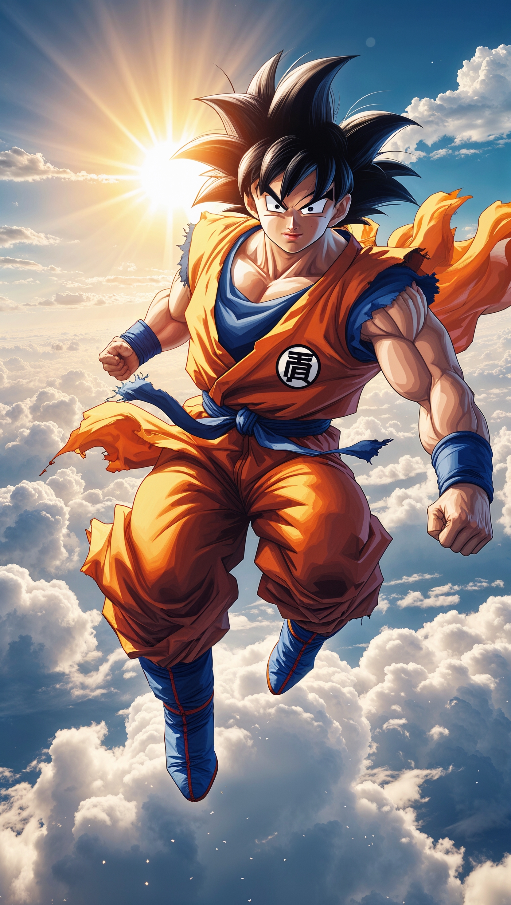 Son Goku flying in cloudy sky with sun in the background