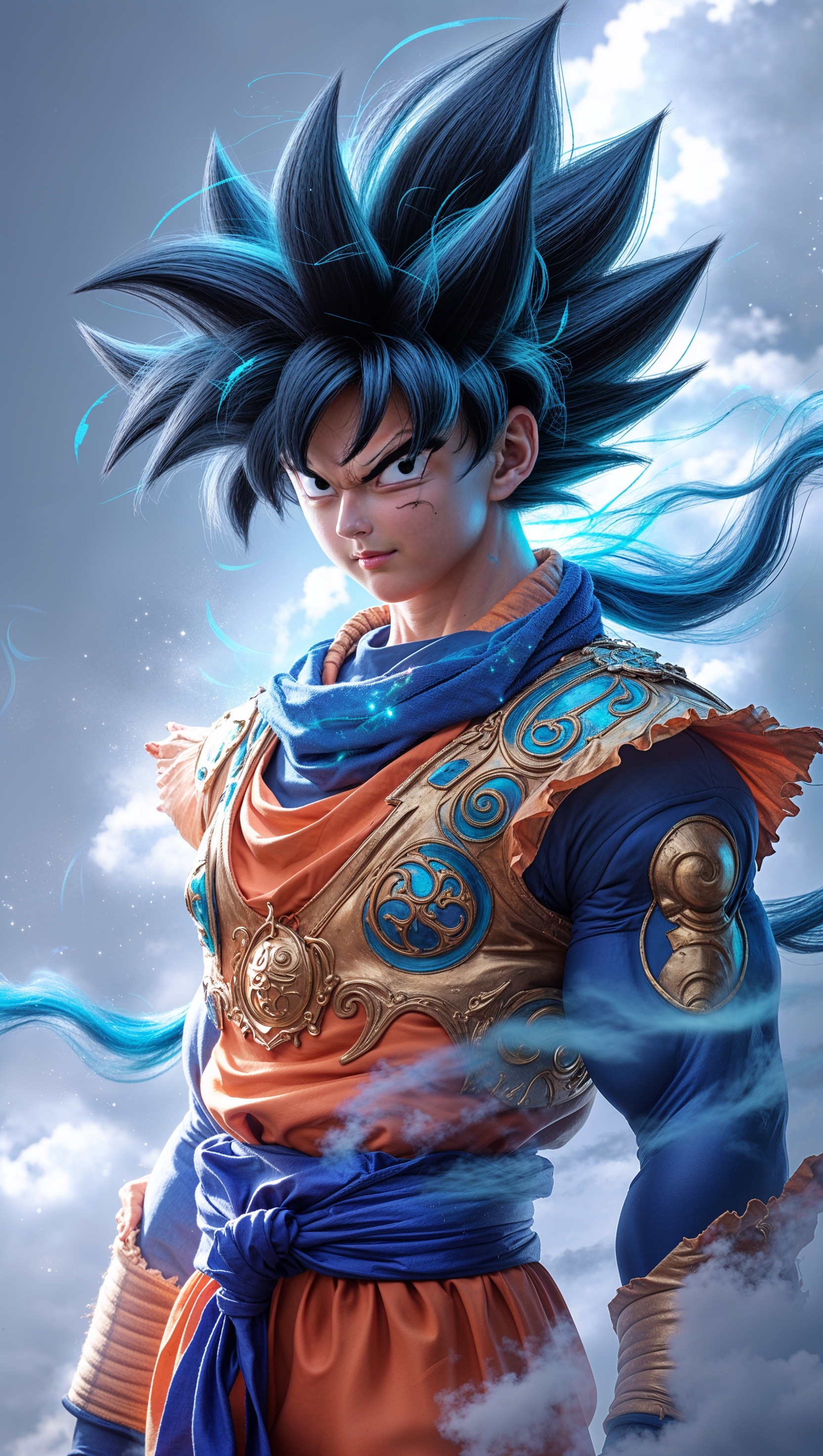 Fantasy style Son Goku with fine details in clothes and hair