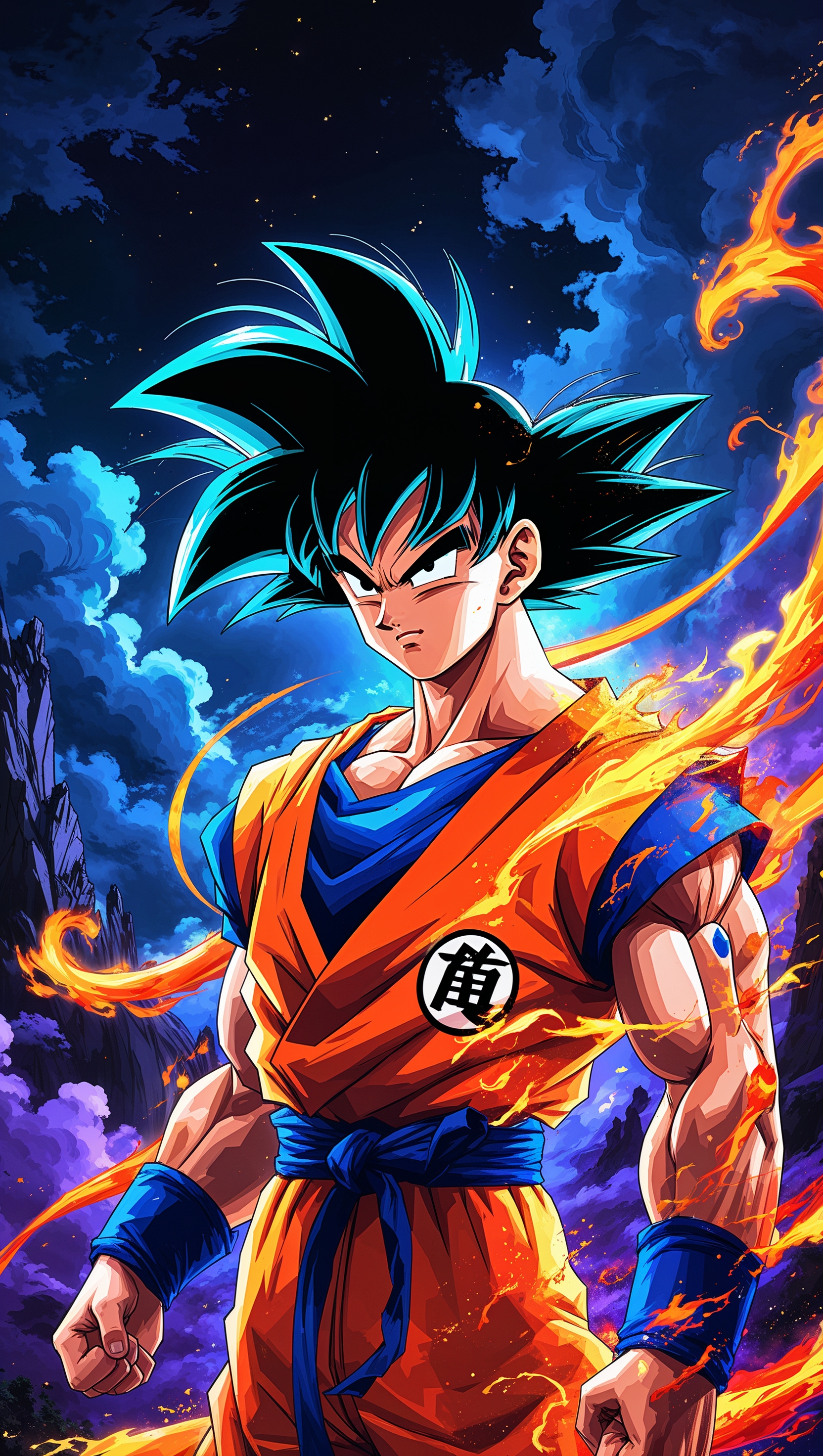 Son Goku wallpaper with fire flame effects and shining lights
