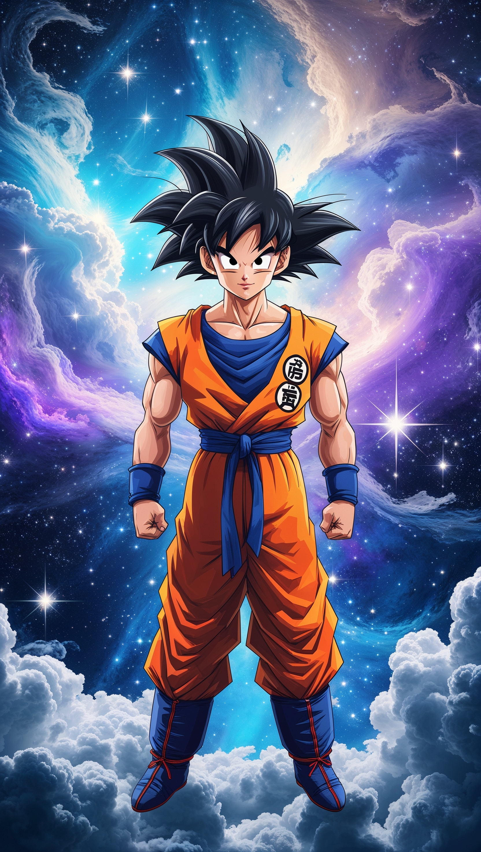 Son Goku with galaxy background and sparkling stars