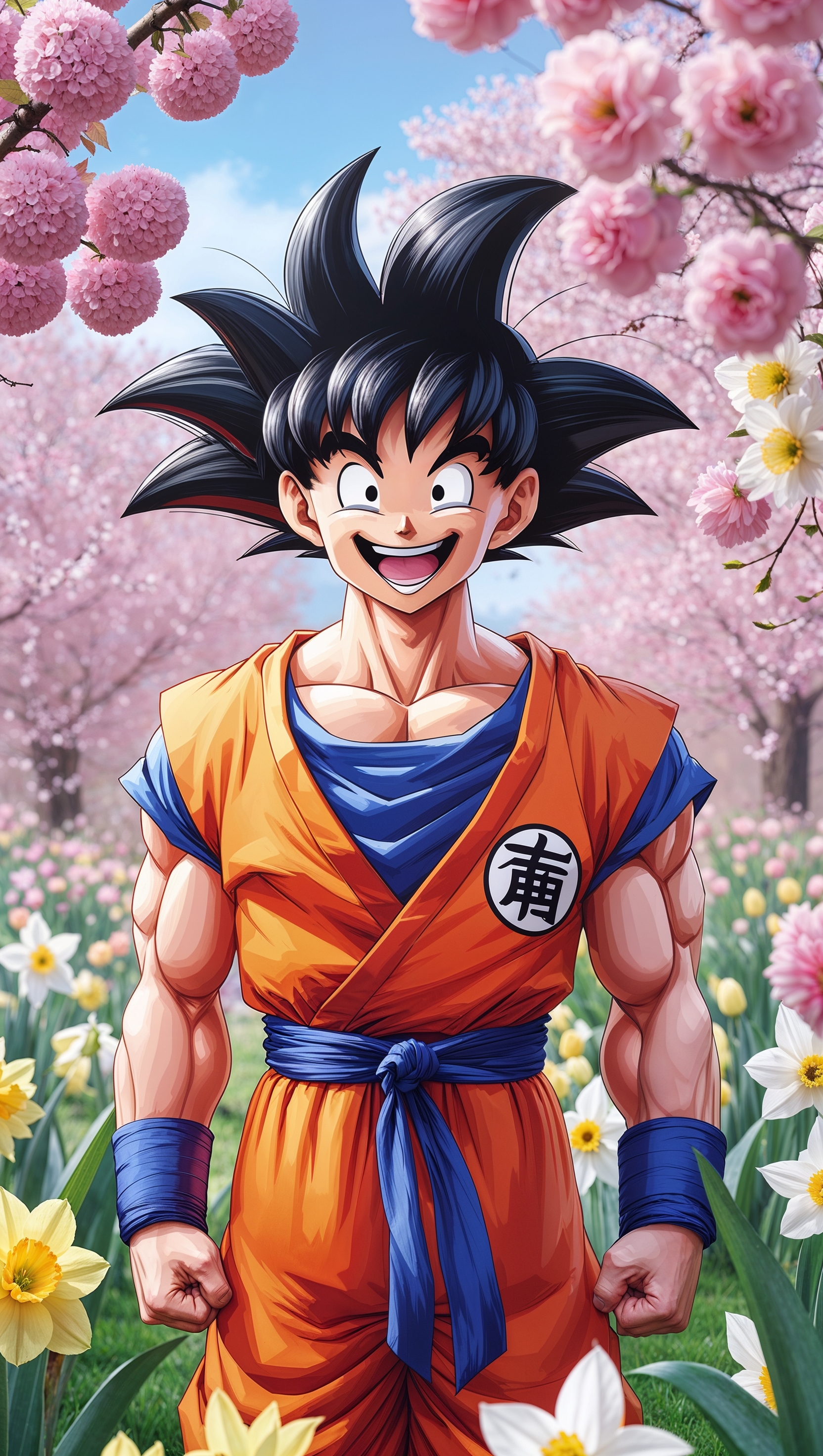 Smiling Son Goku with spring flowers background