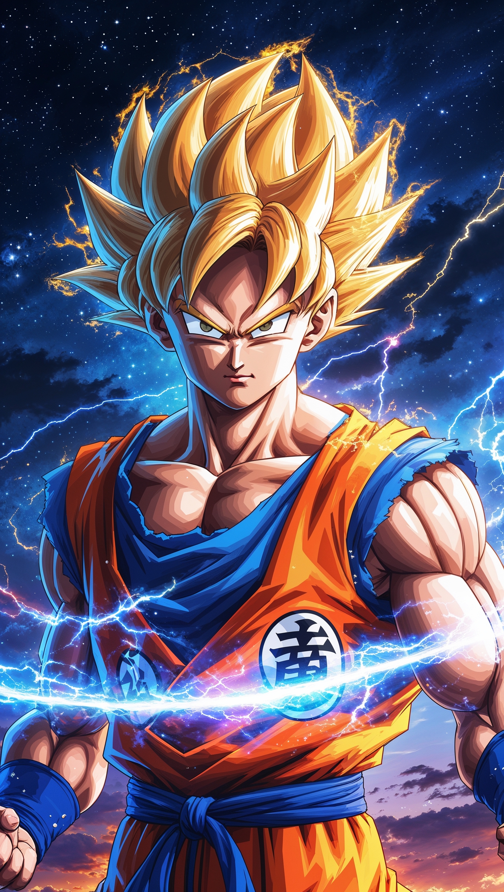 Son Goku charging energy blast with vibrant colors and night sky