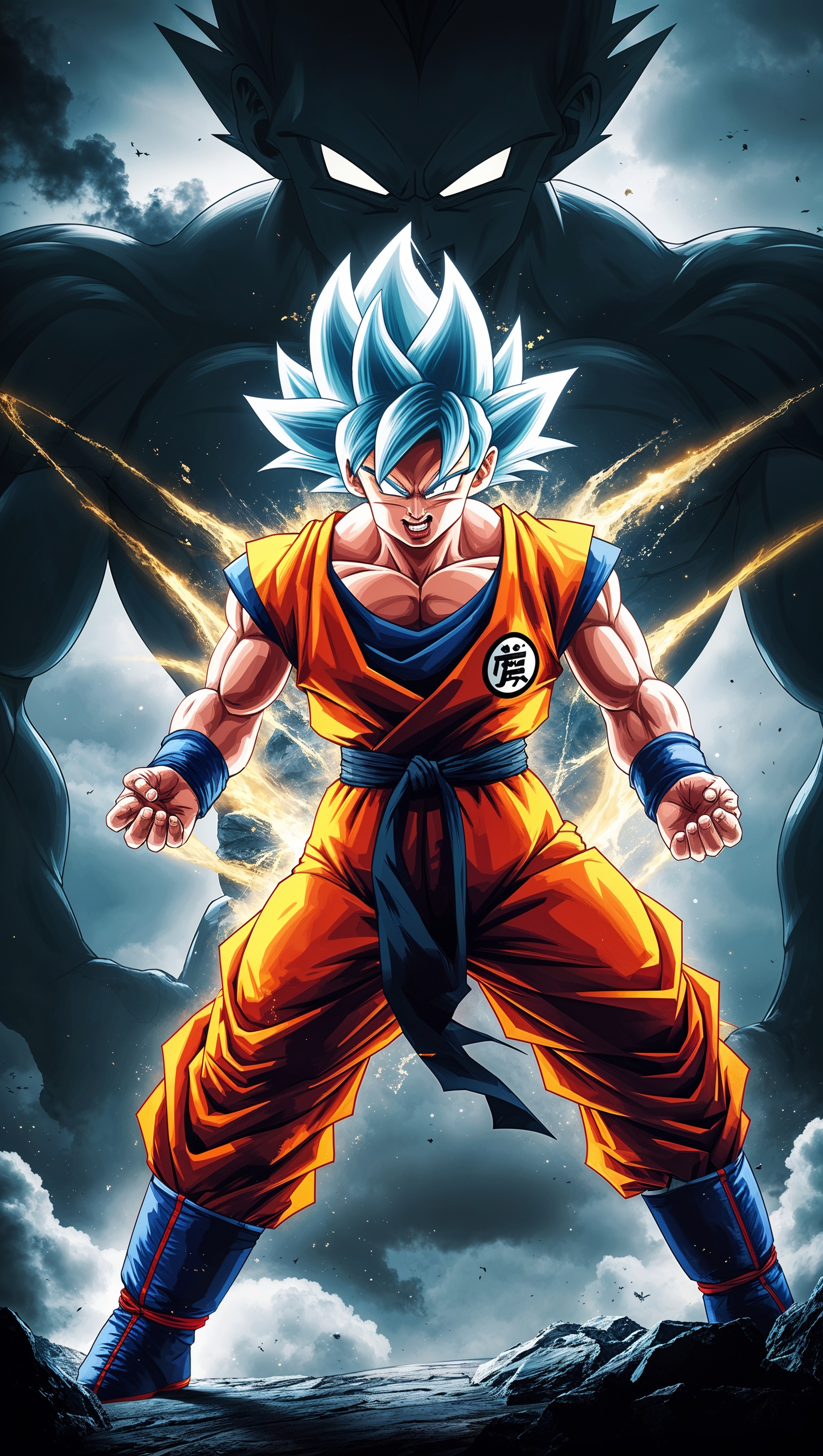 Son Goku fighting with big shadows and dark colors