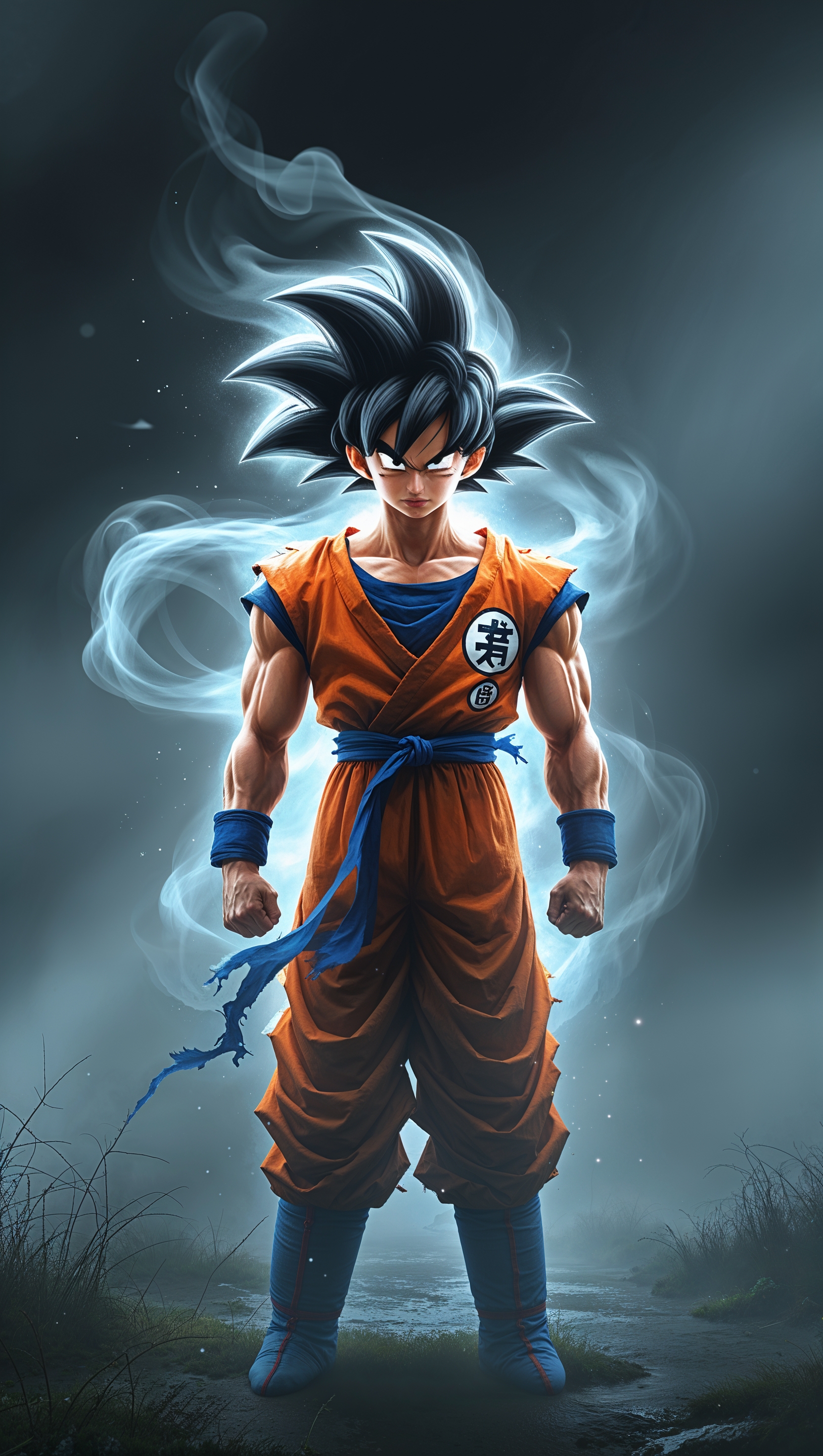 Mysterious Son Goku with thick fog background