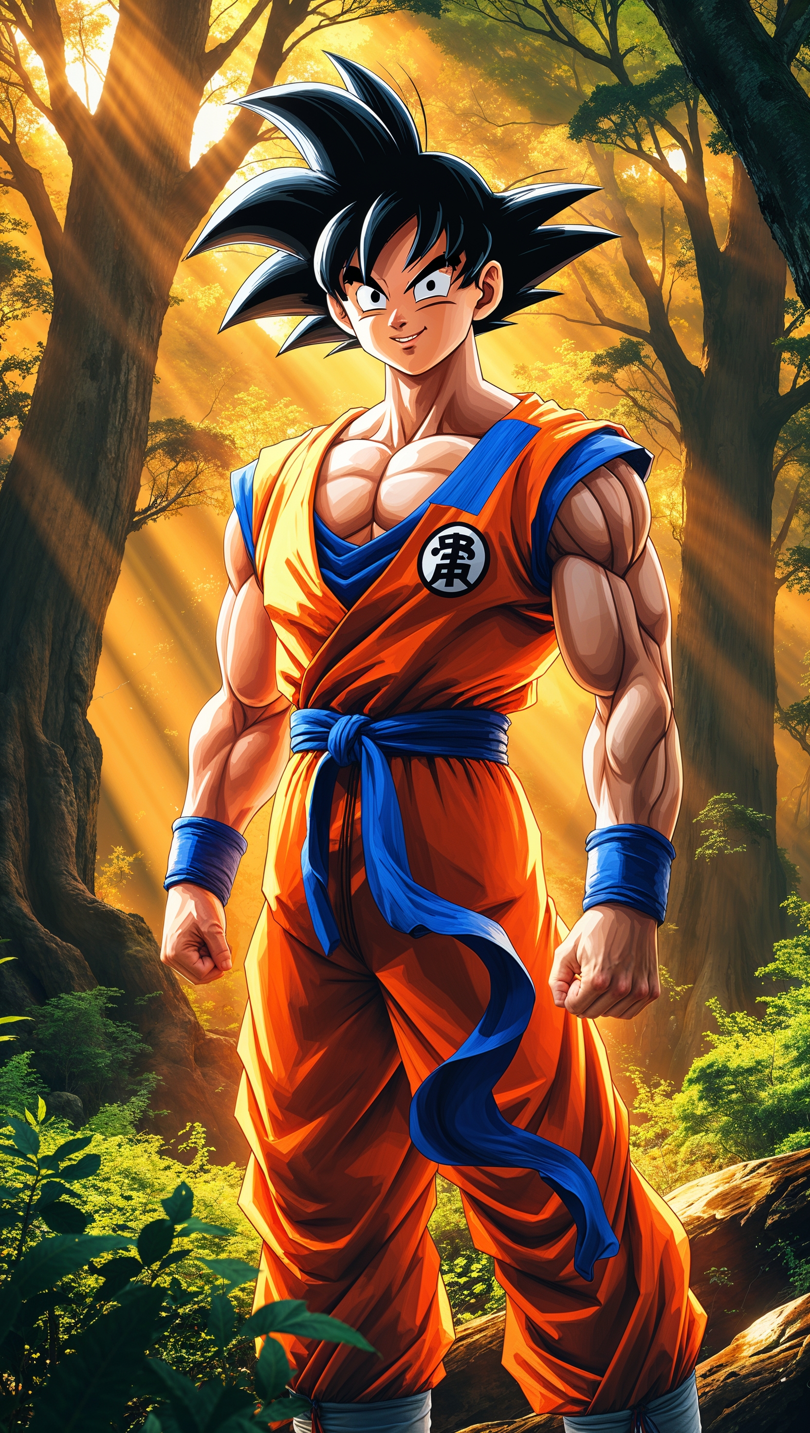 Son Goku with forest background and sunlight filtering through trees