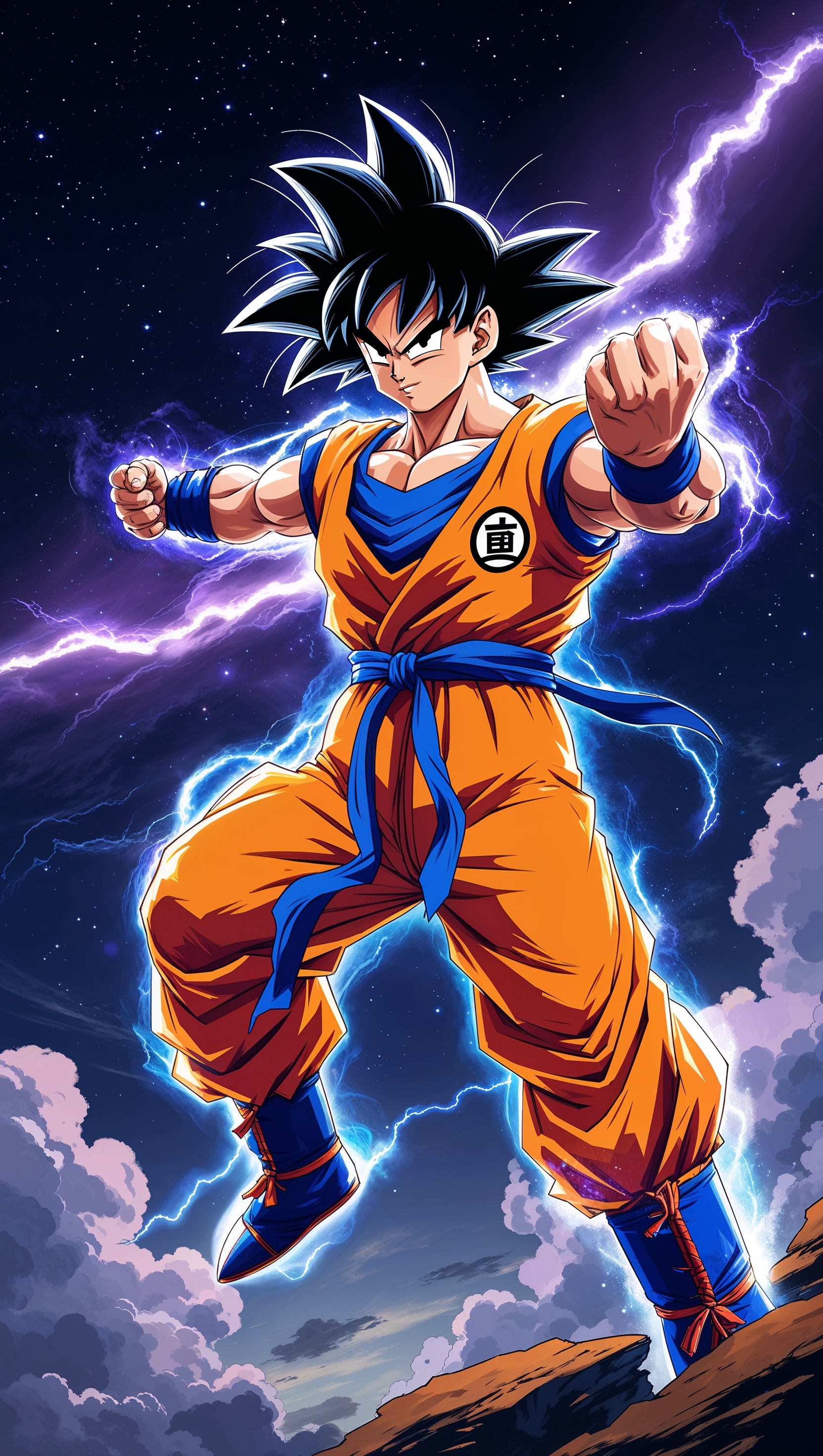 Son Goku in Kamehameha pose with bright colors and dark background