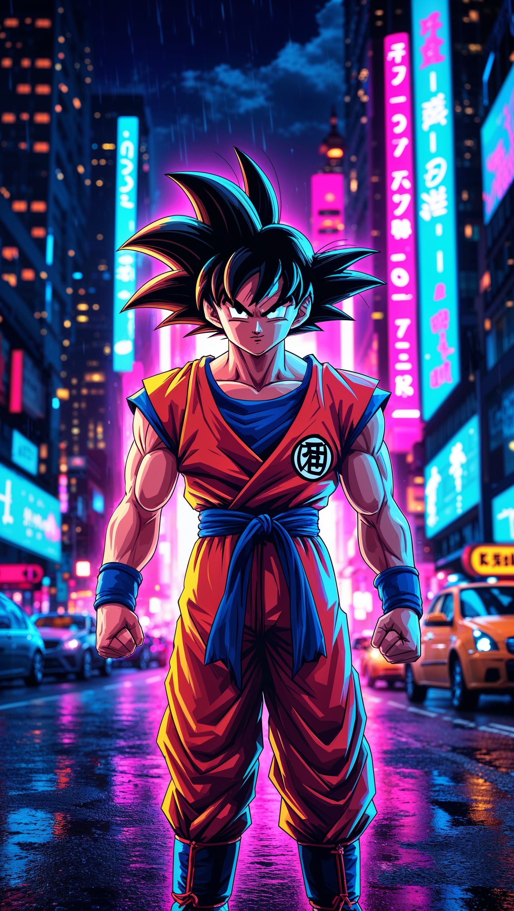 Son Goku wallpaper with neon effects and city nightscape