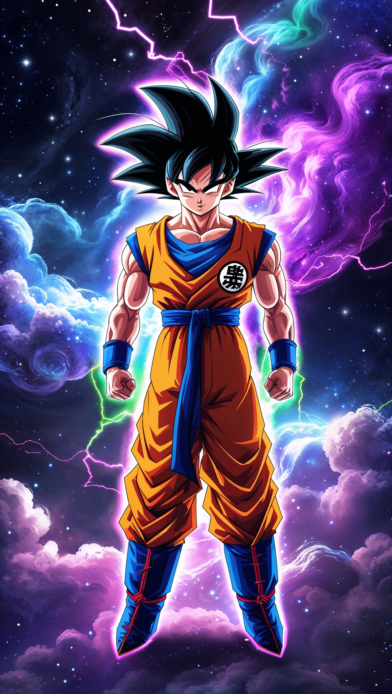 Son Goku iPhone wallpaper with cosmic background and neon lights