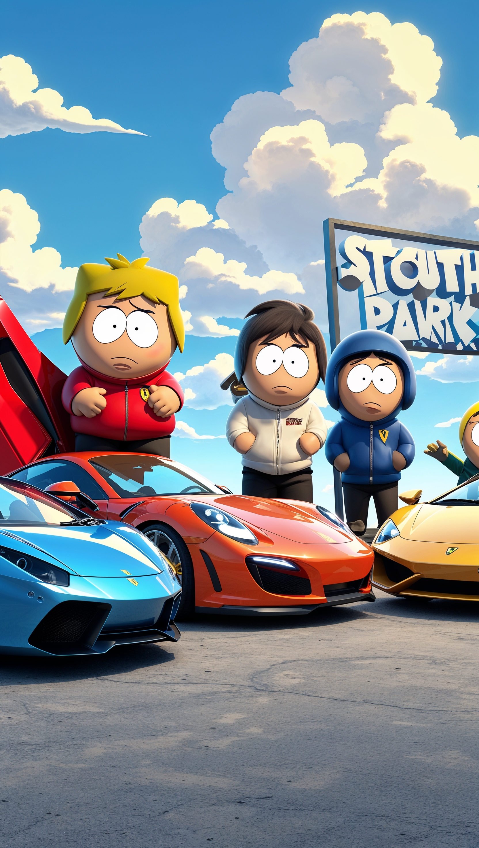 A South Park wallpaper with characters next to sports cars for iPhone