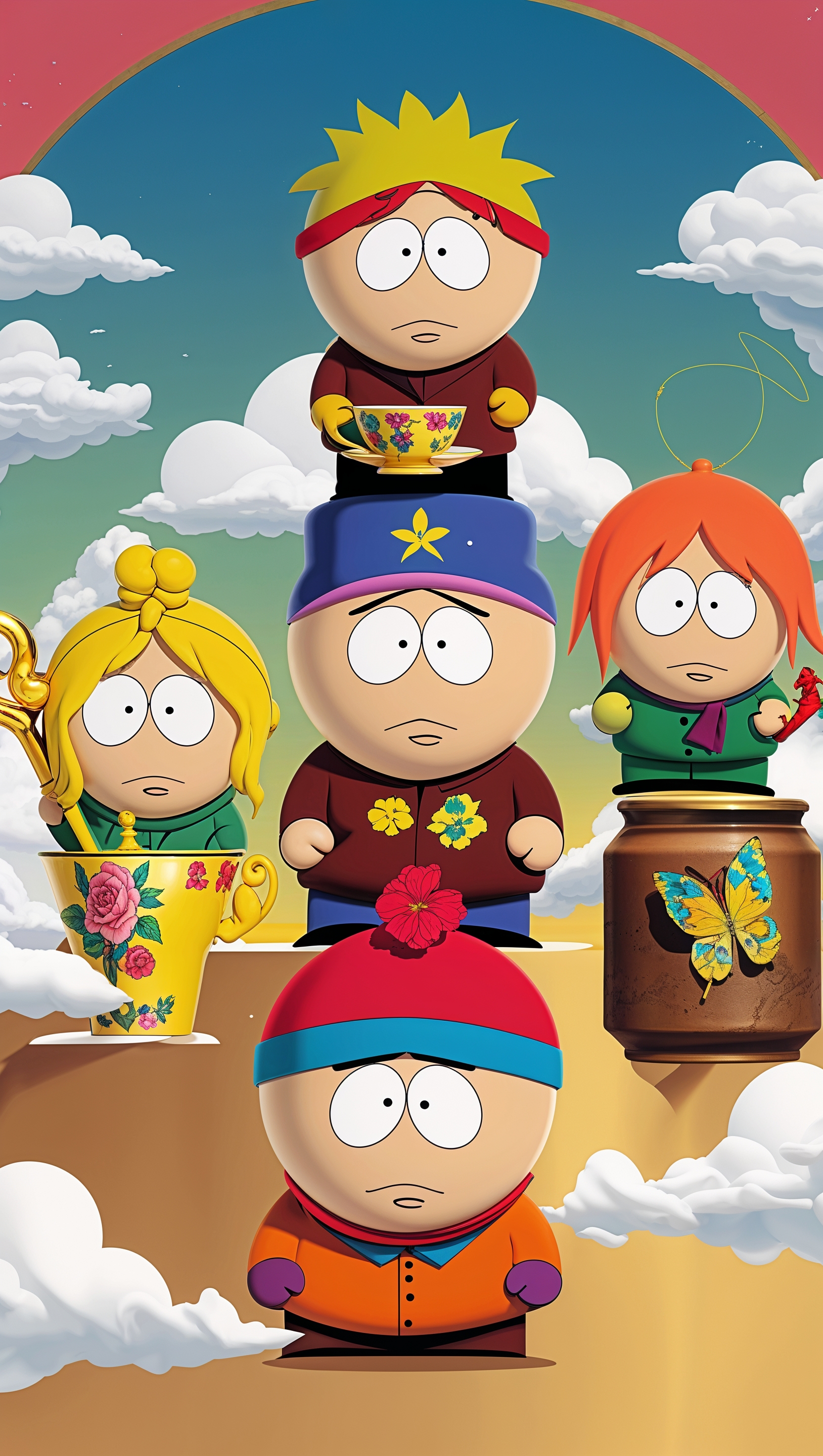 A South Park wallpaper featuring cartoon characters with various tea cups for iPhone