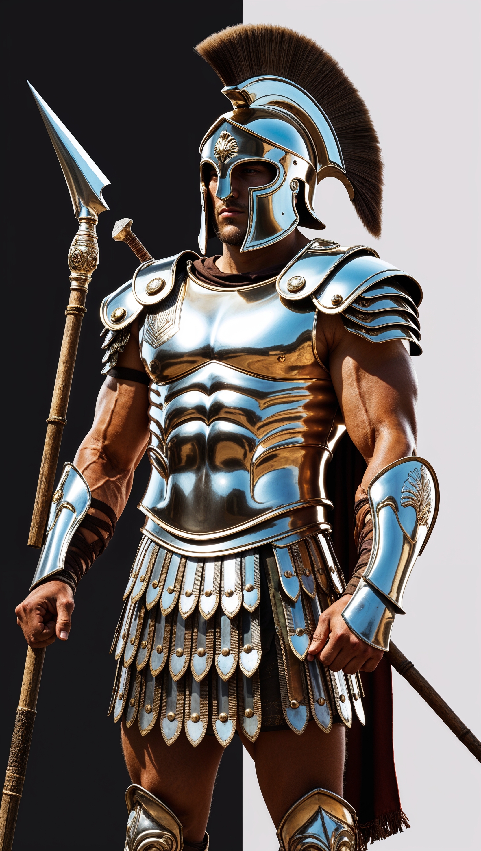 Spartan with black and white background and shiny armor