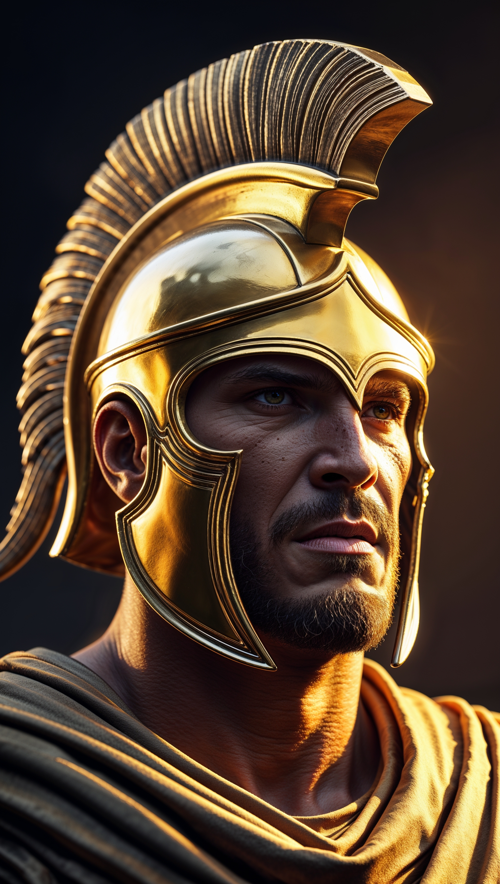 Close-up of a Spartan warrior with a golden helmet and dramatic lighting