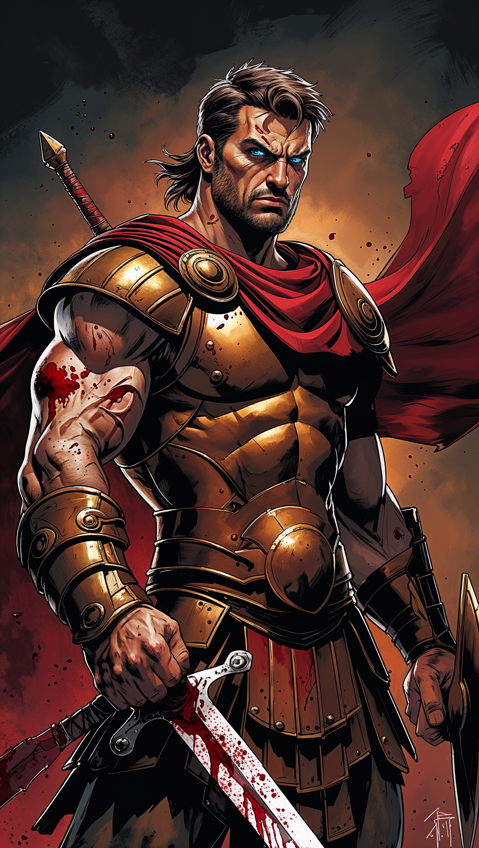 Comic-style drawing of a Spartan with sword and blood