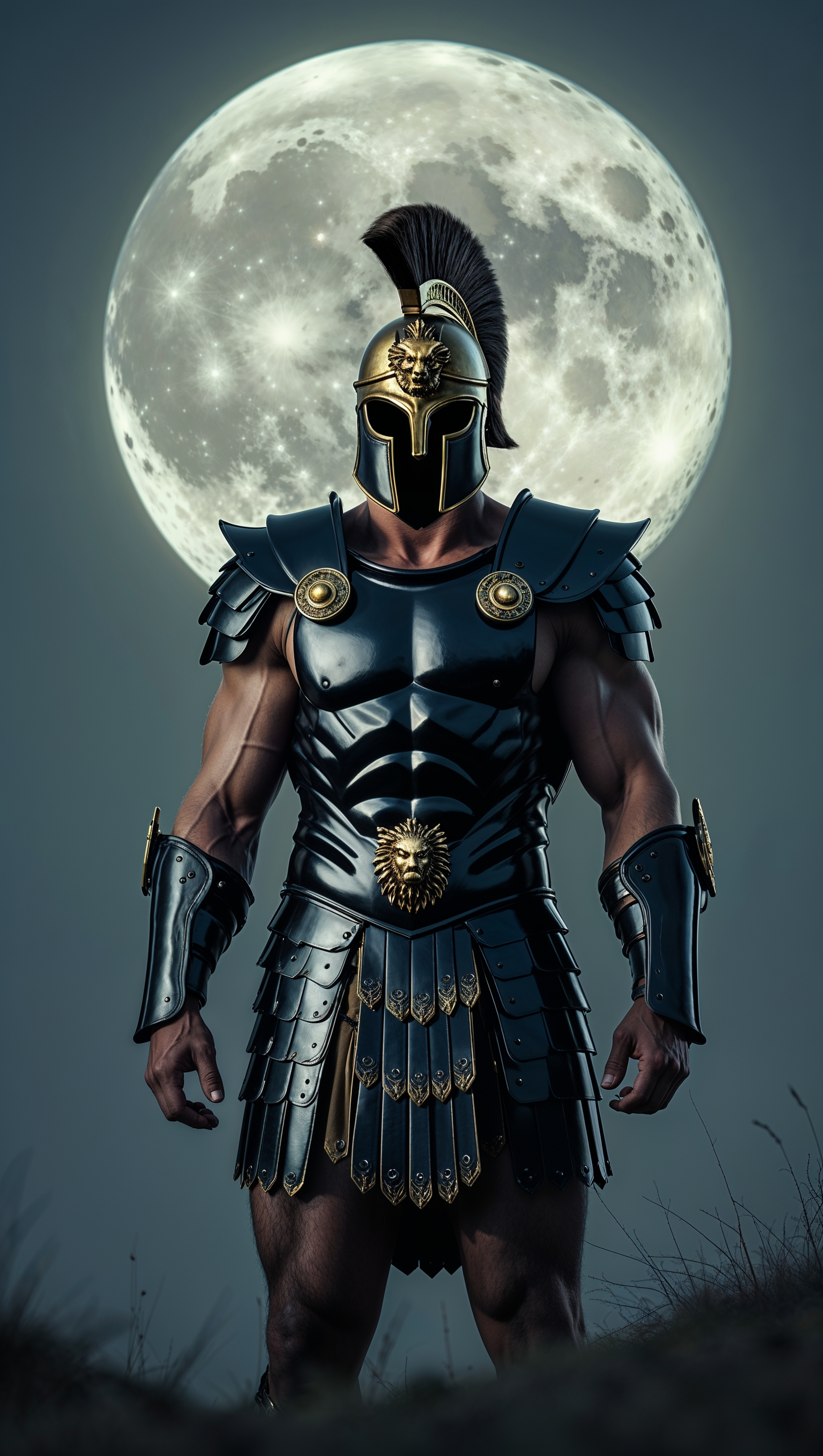 Spartan in black armor under the moonlight