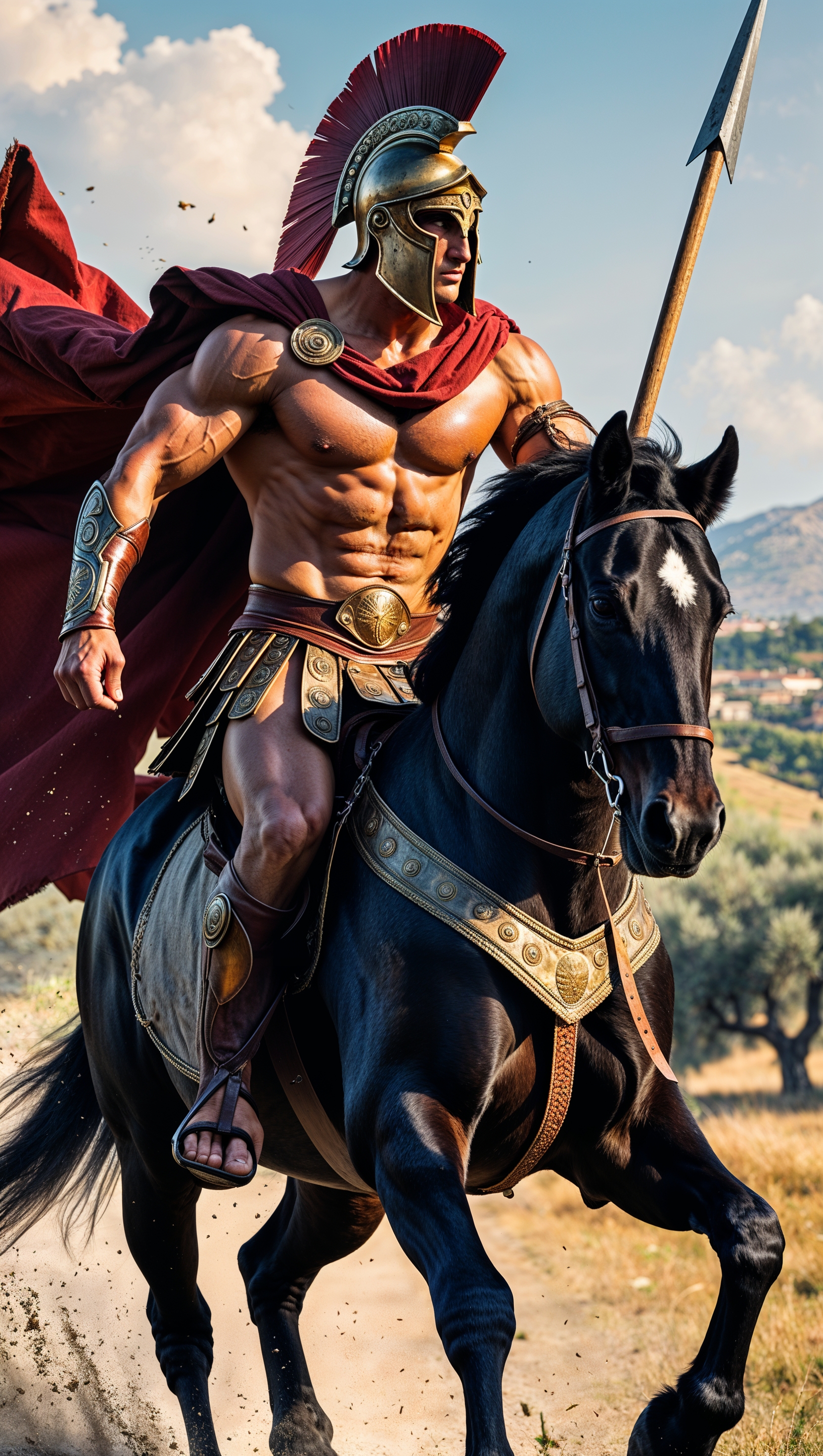 Spartan riding a horse while charging