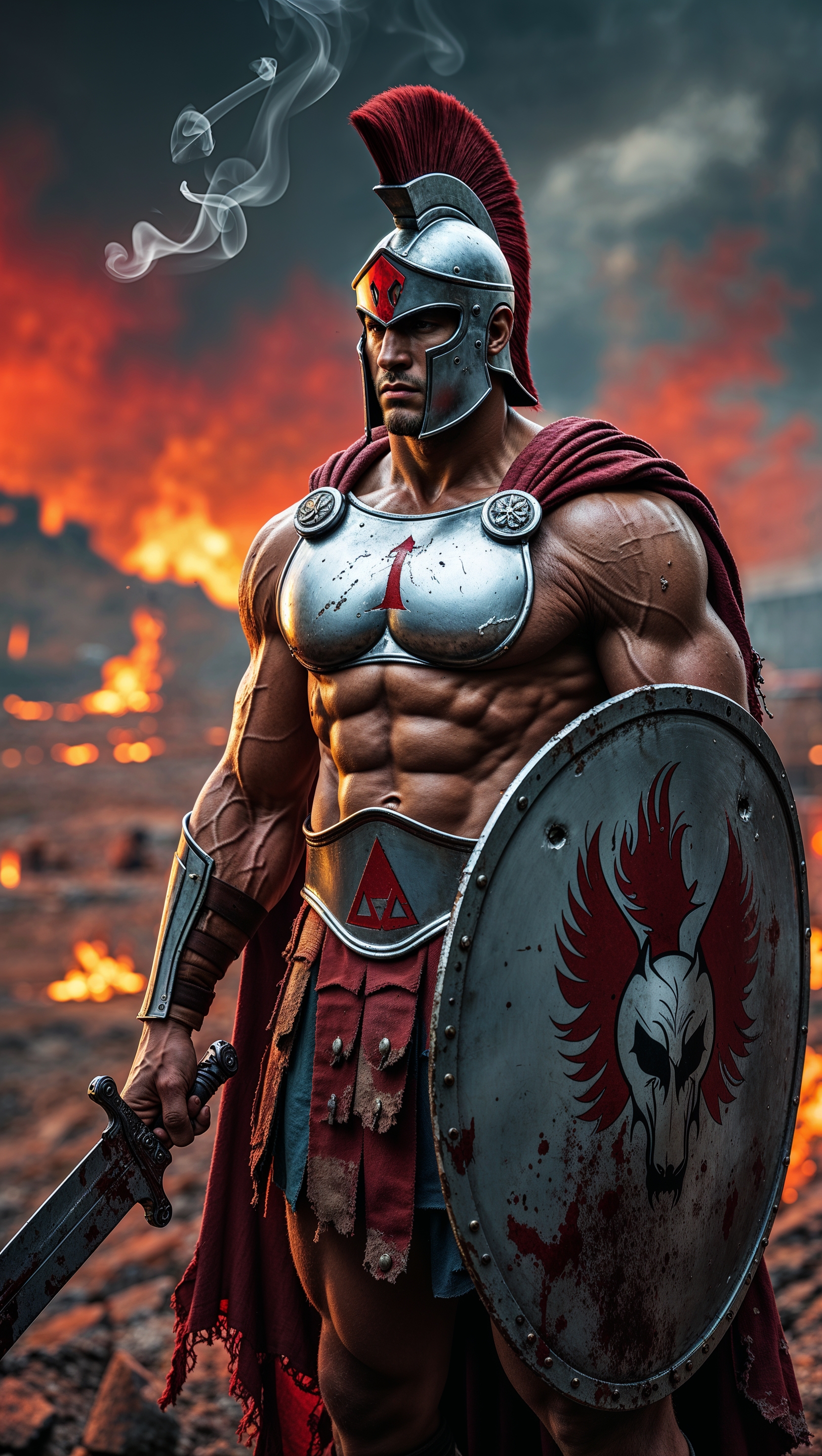 A Spartan standing in a battlefield with a fiery background