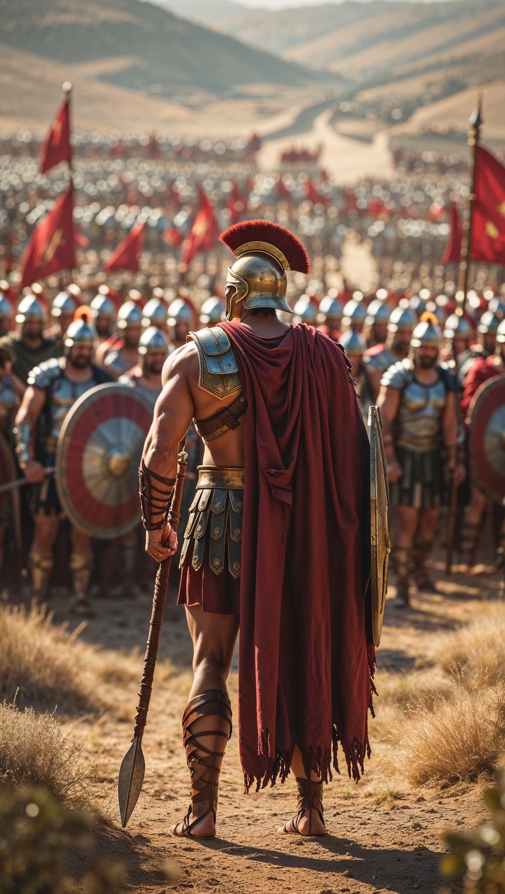 Back view of a Spartan facing an enemy army