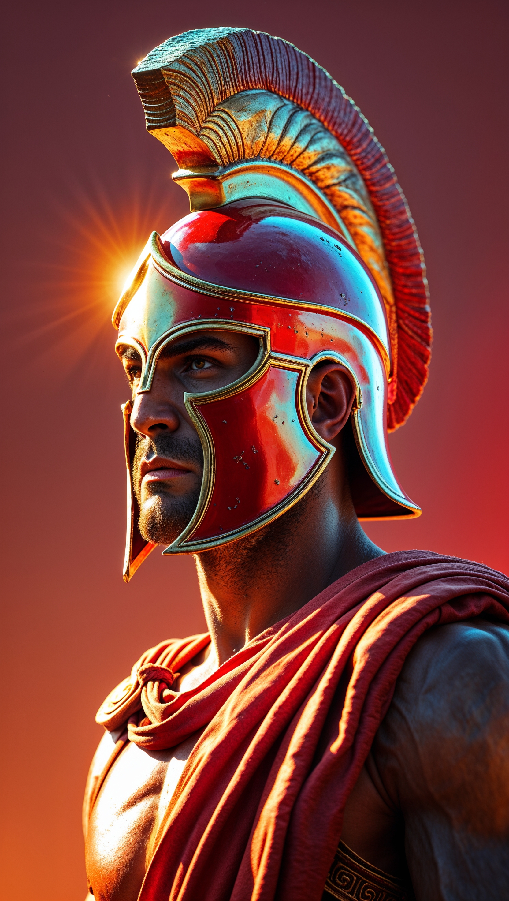 Spartan with red helmet in orange light