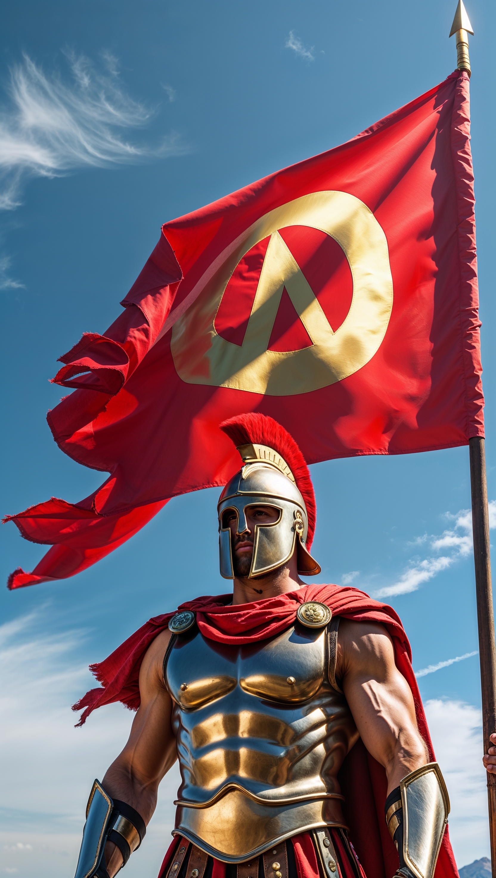 Spartan in front of a waving red Spartan flag
