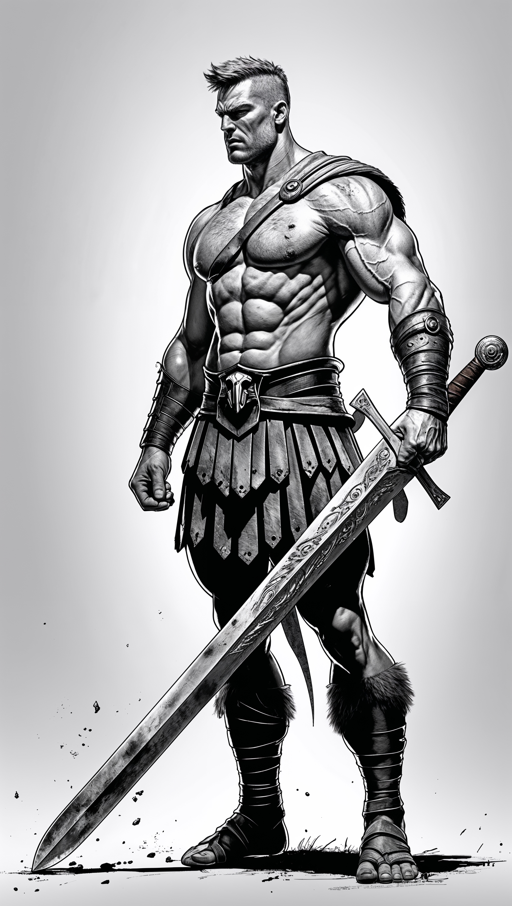 Black and white sketch of a Spartan with a sword