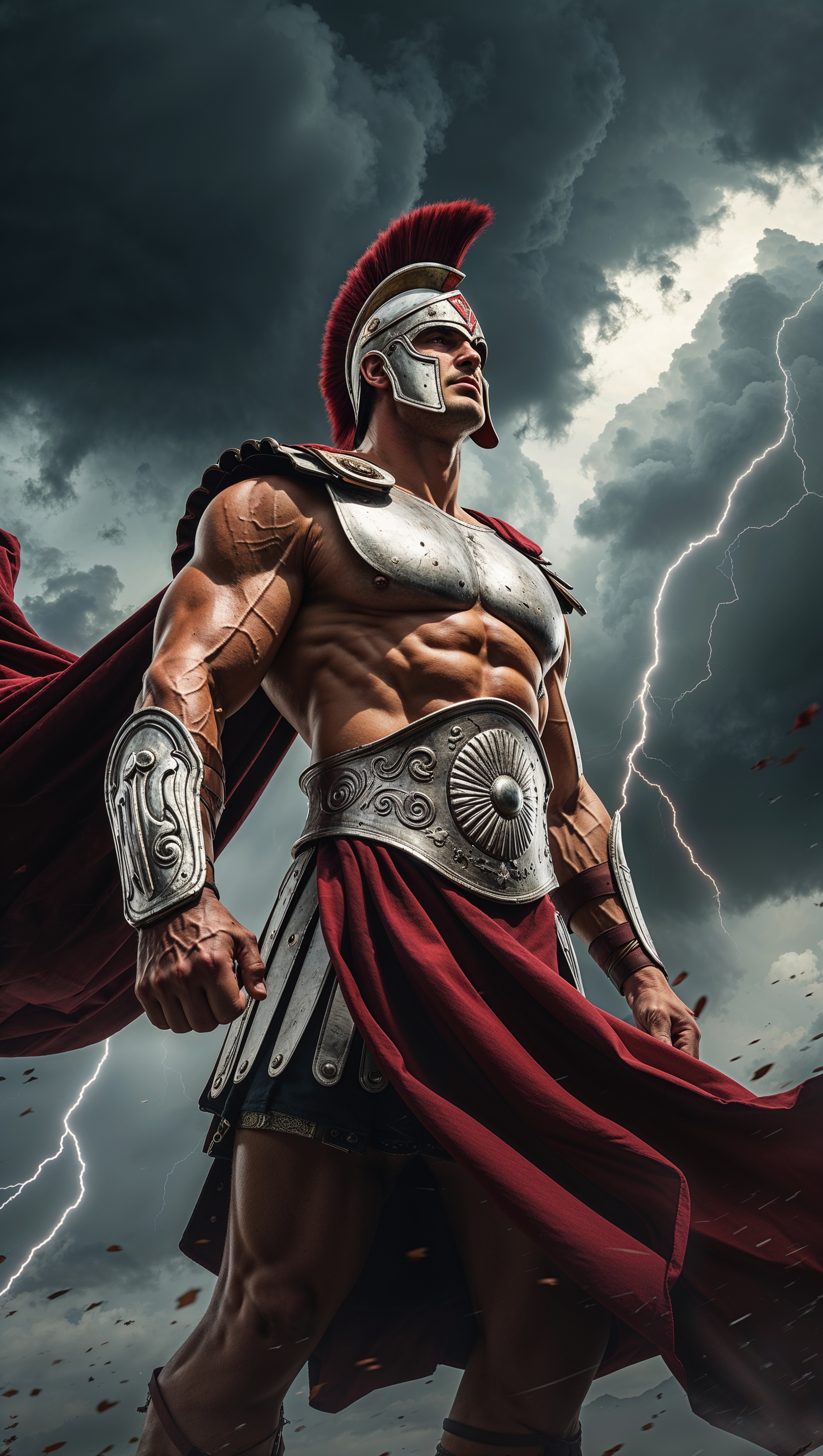 Low-angle view of a Spartan with stormy sky