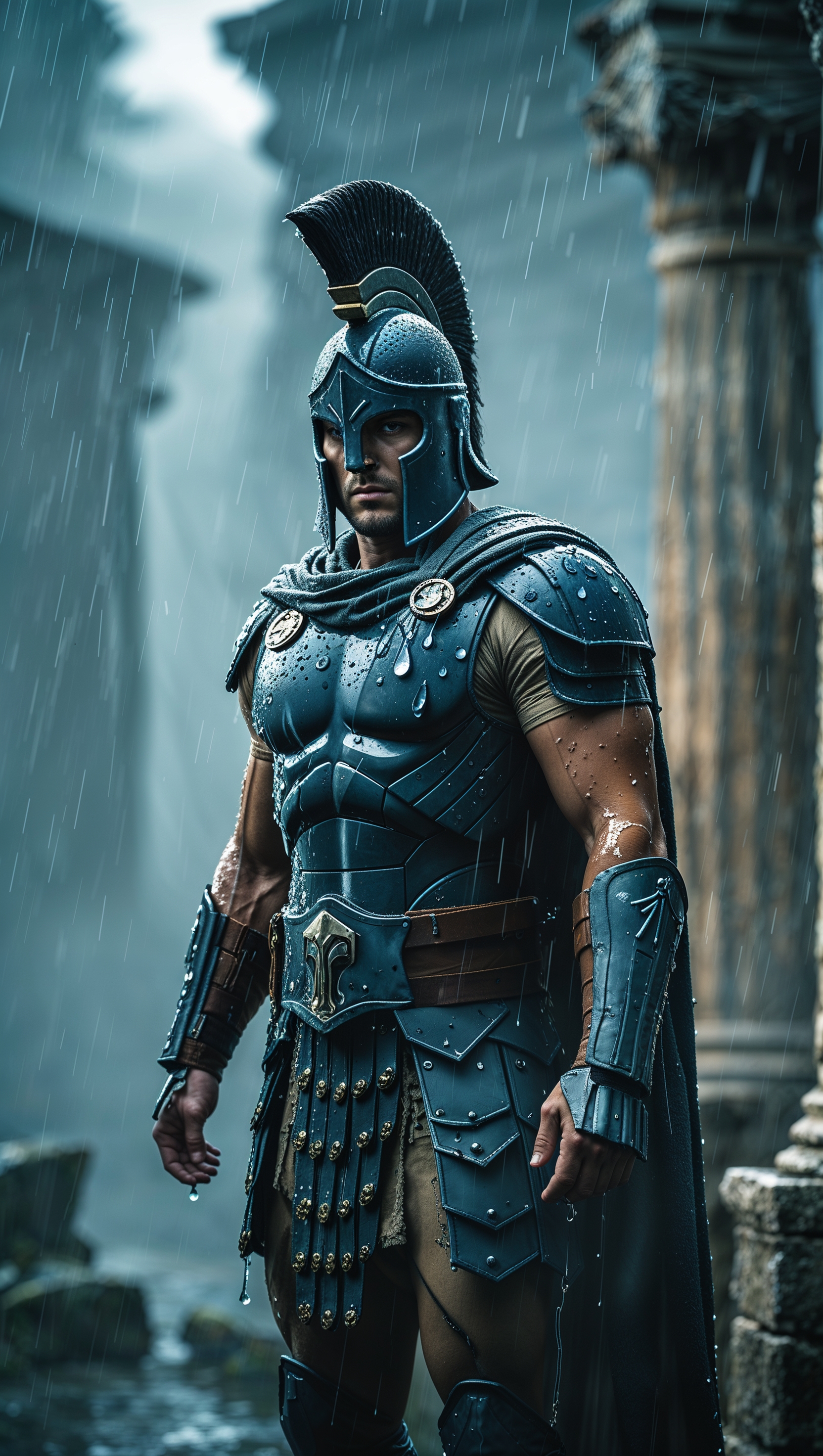 Spartan in rain with cinematic effects