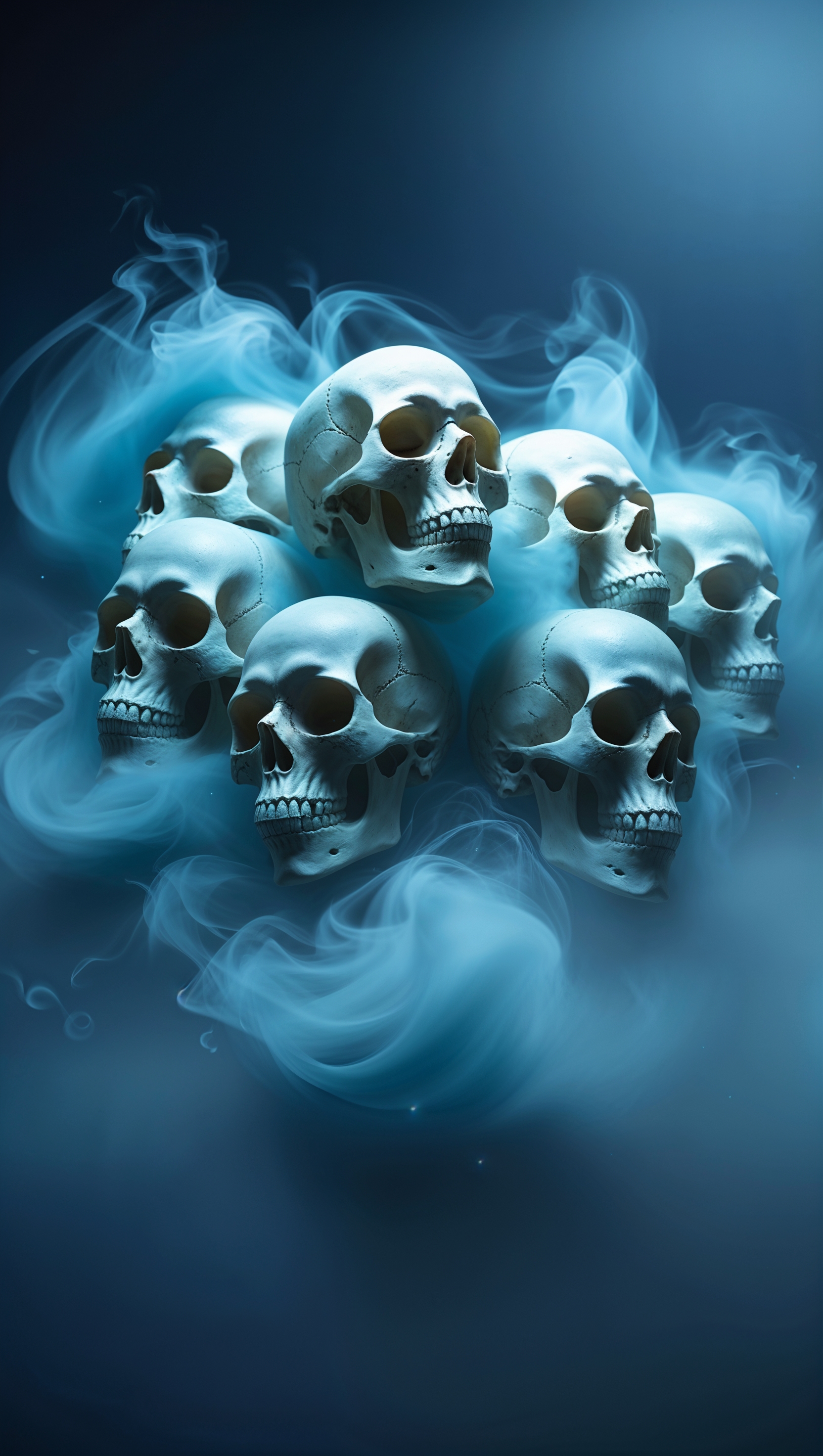 iPhone wallpaper with glowing skulls and blue mist