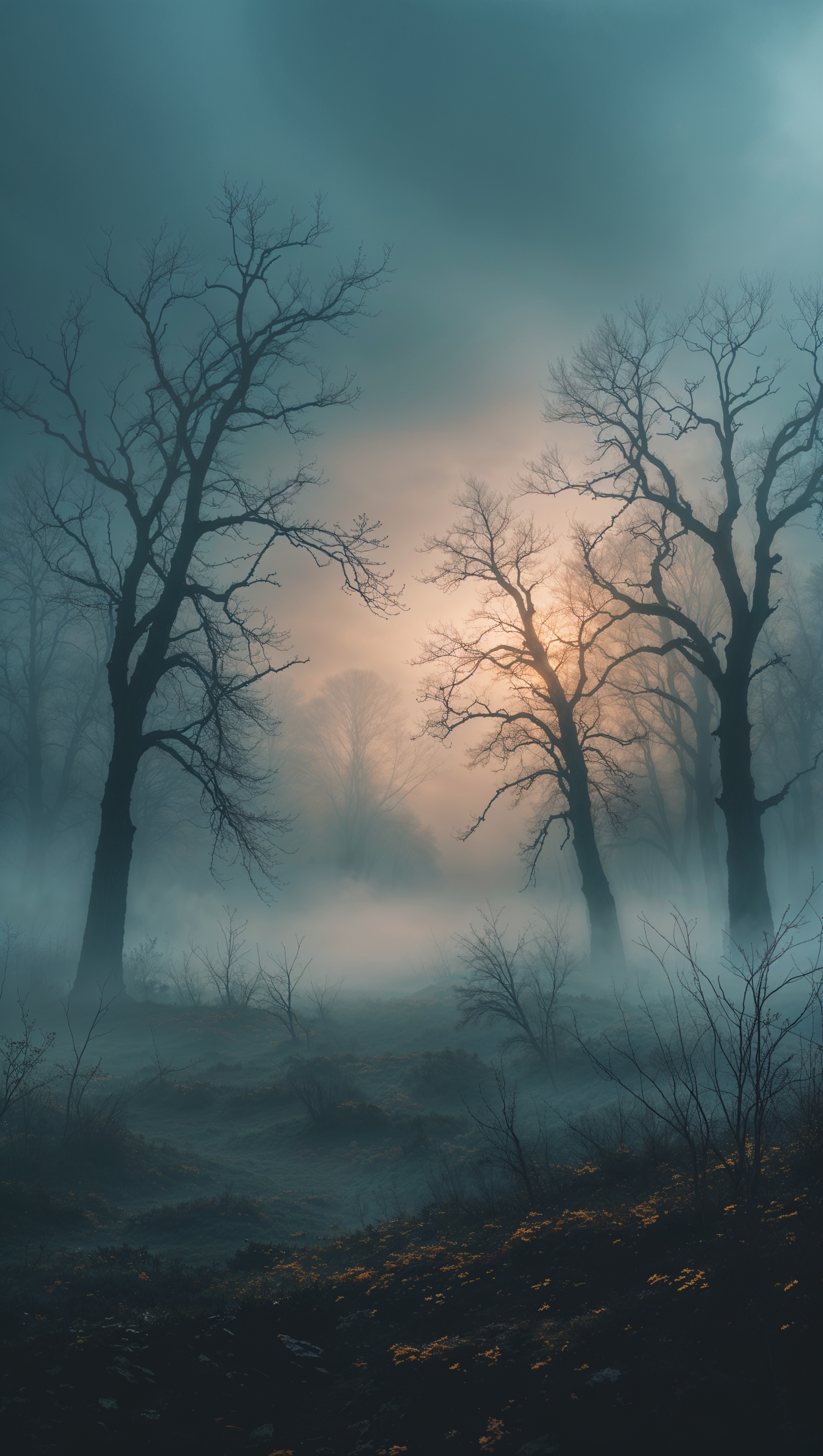 iPhone wallpaper with spooky autumn theme, dense fog and bare trees