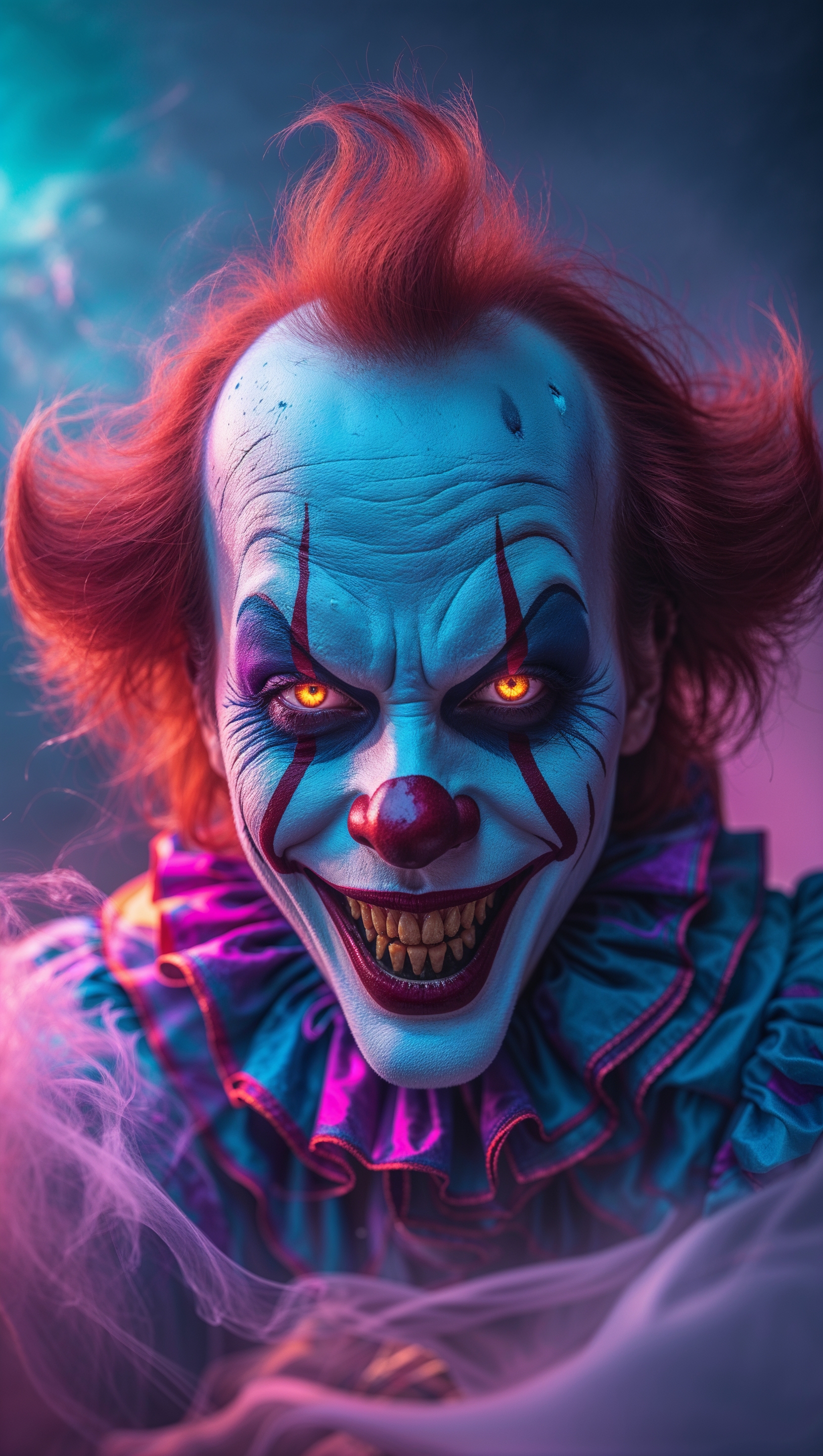 iPhone wallpaper with scary clown and colorful mist