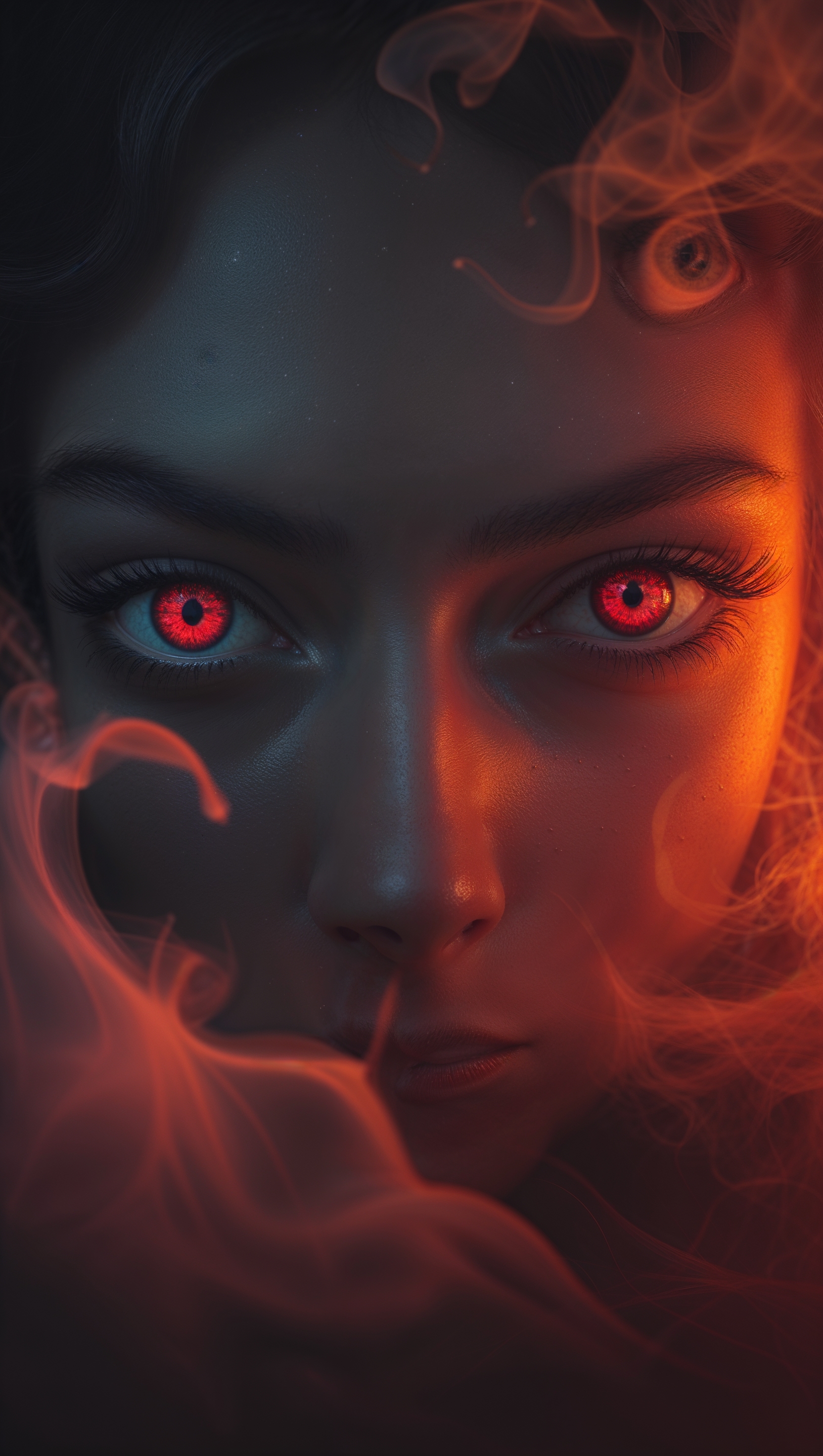 iPhone wallpaper with red eyes in darkness and orange fog