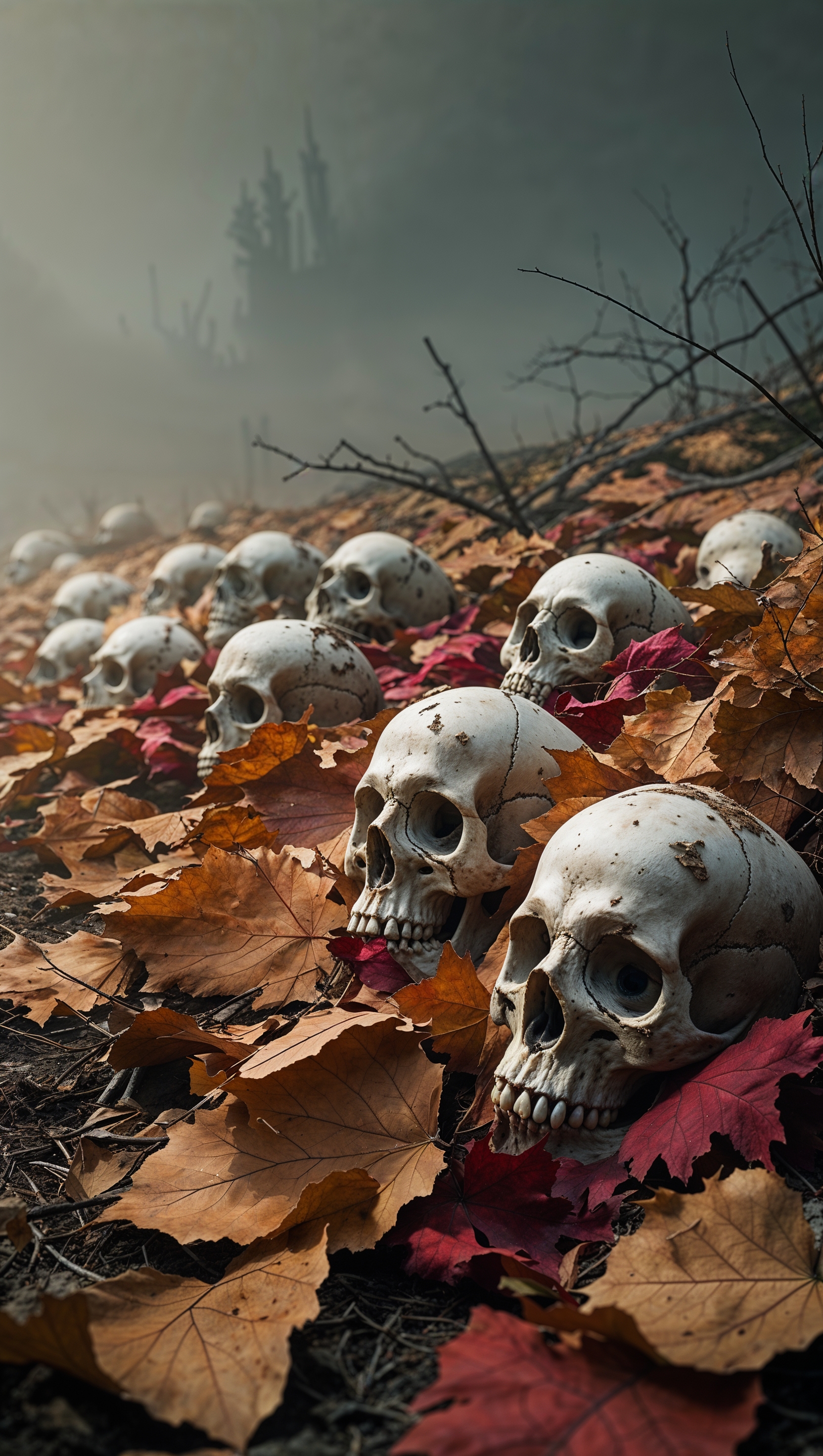 iPhone wallpaper with skulls on ground covered with dry leaves