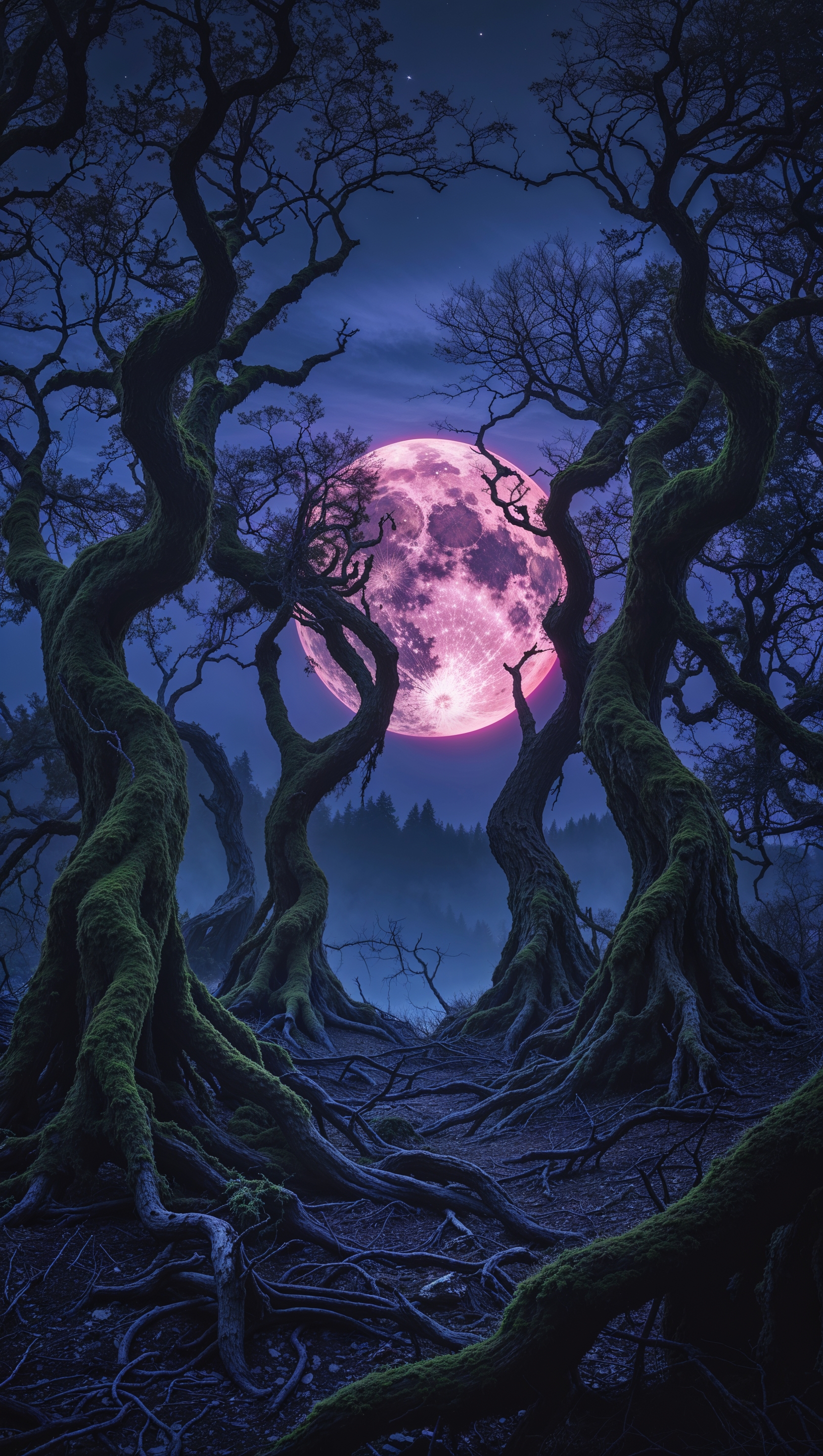 iPhone wallpaper with twisted trees and a blood moon