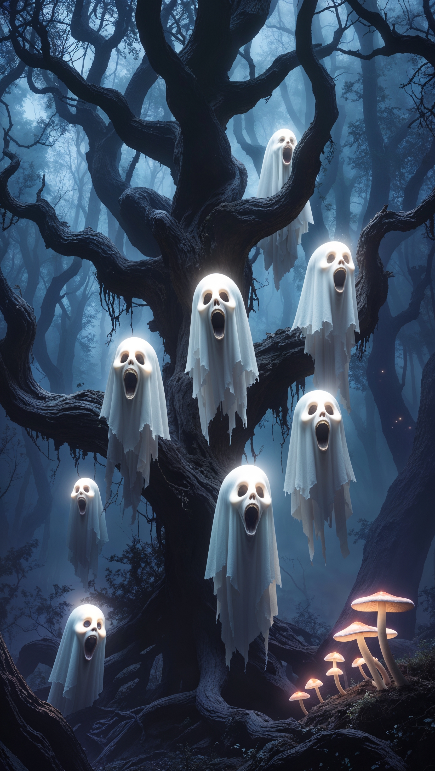 iPhone wallpaper with white ghosts in a dark forest