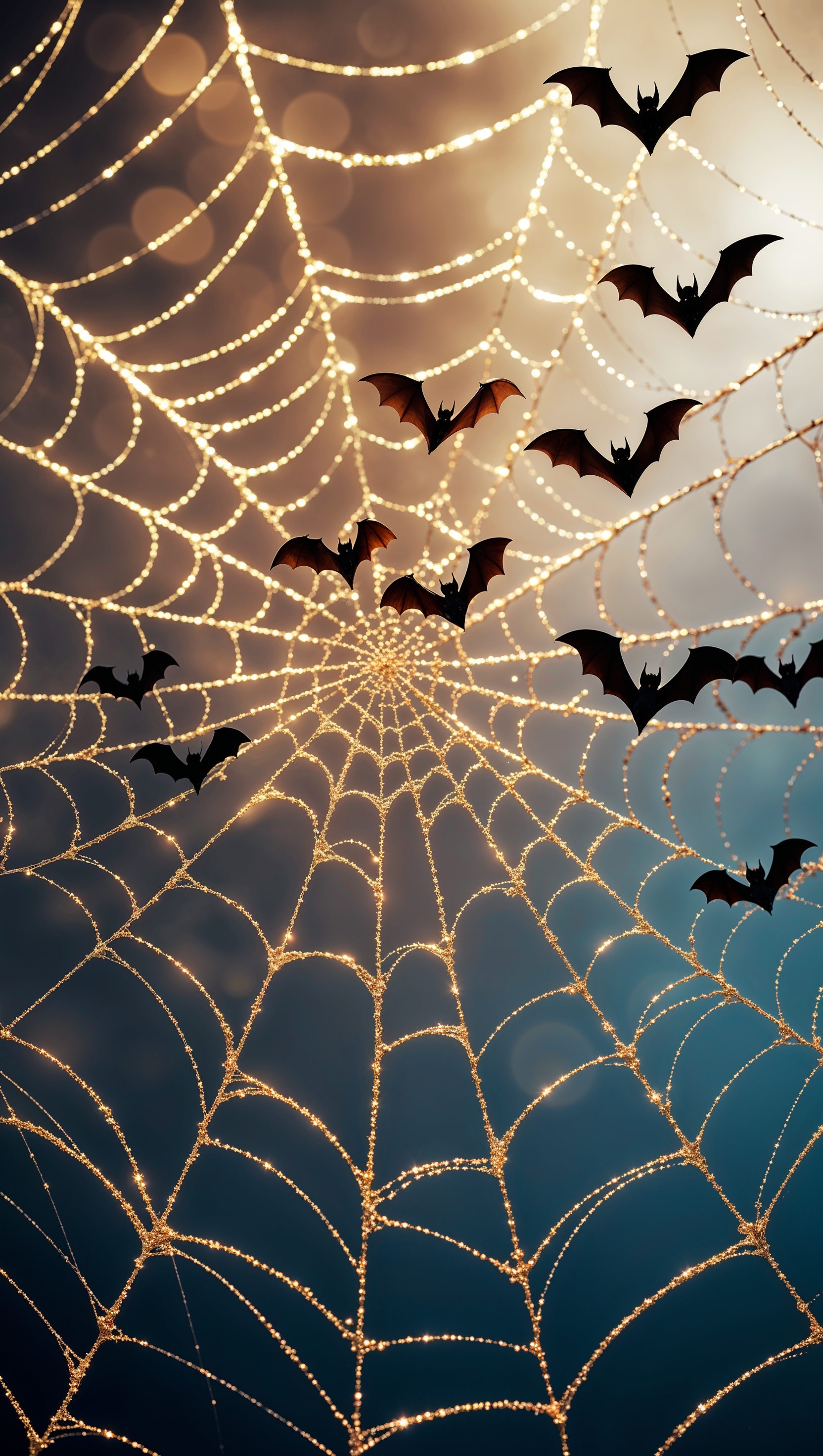 iPhone wallpaper with shiny spider webs and flying bats