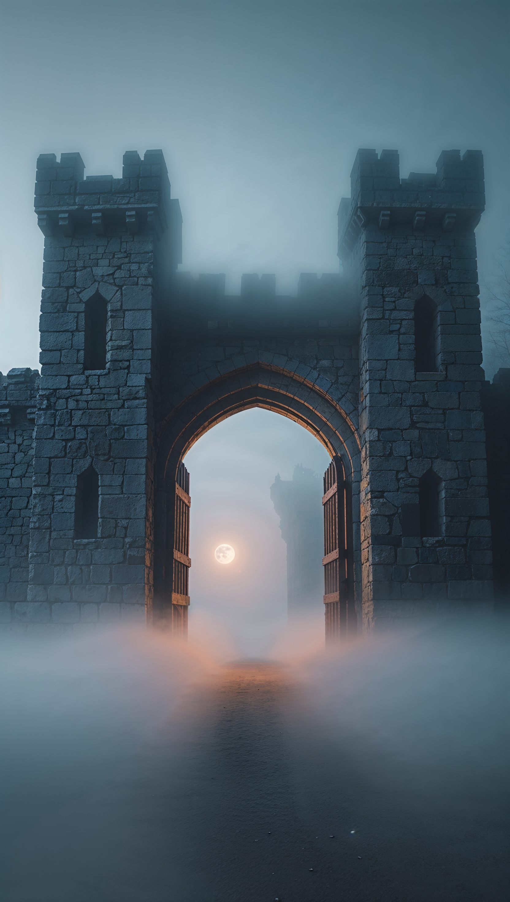 iPhone wallpaper with old castle gate and white fog