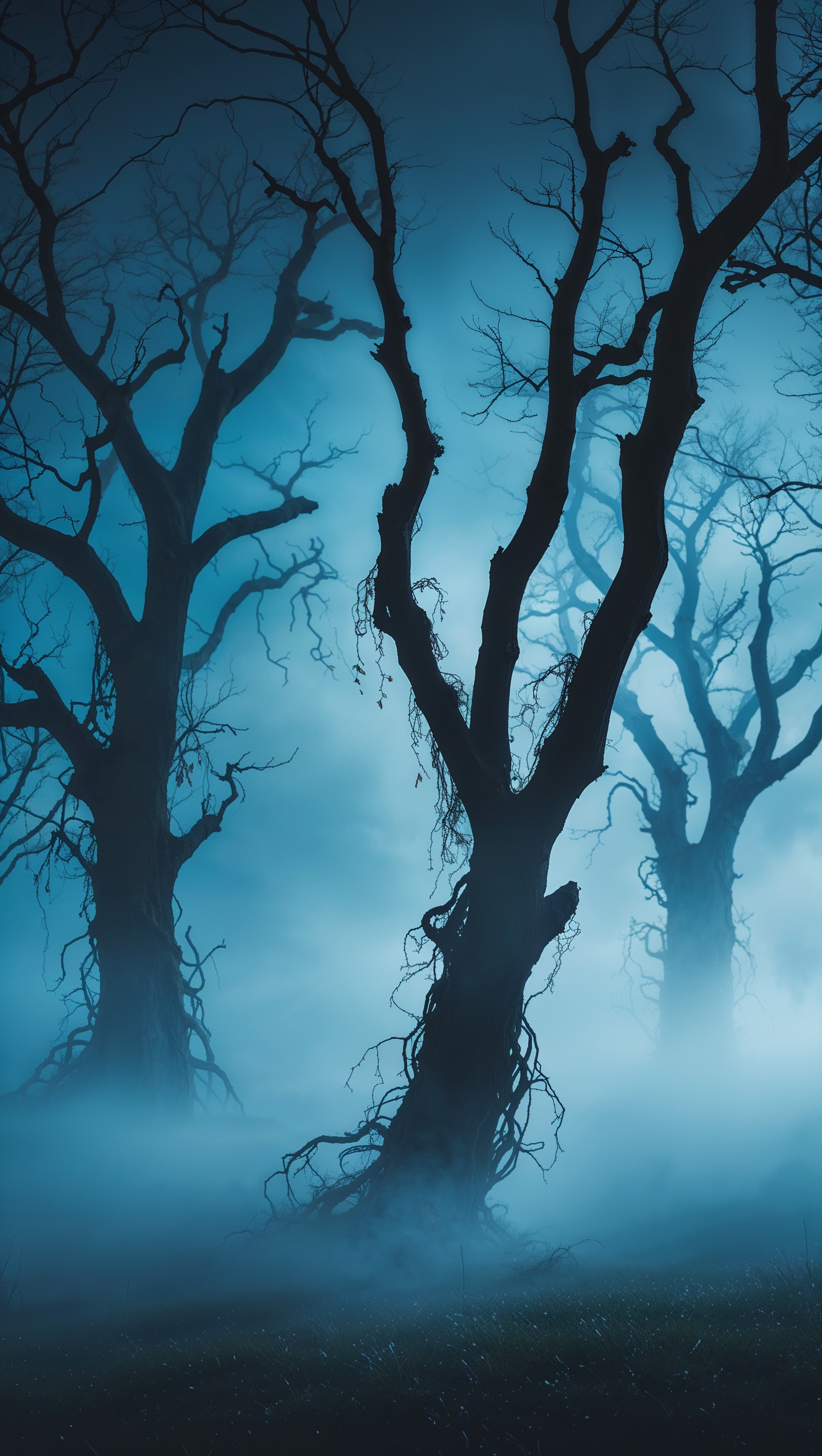 iPhone wallpaper with blue fog and scary tree shadows
