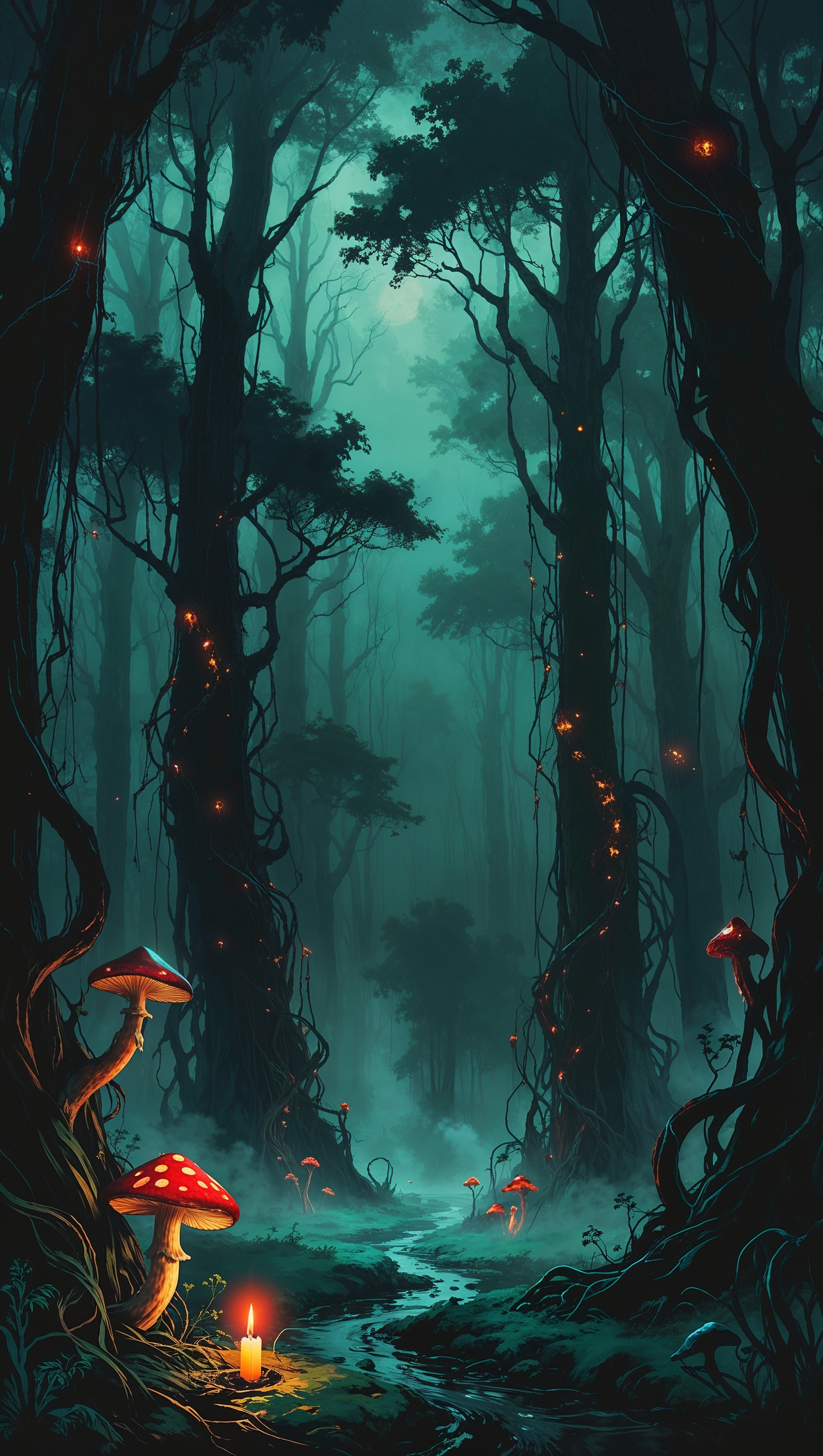 iPhone wallpaper with night forest scene and scary eyes