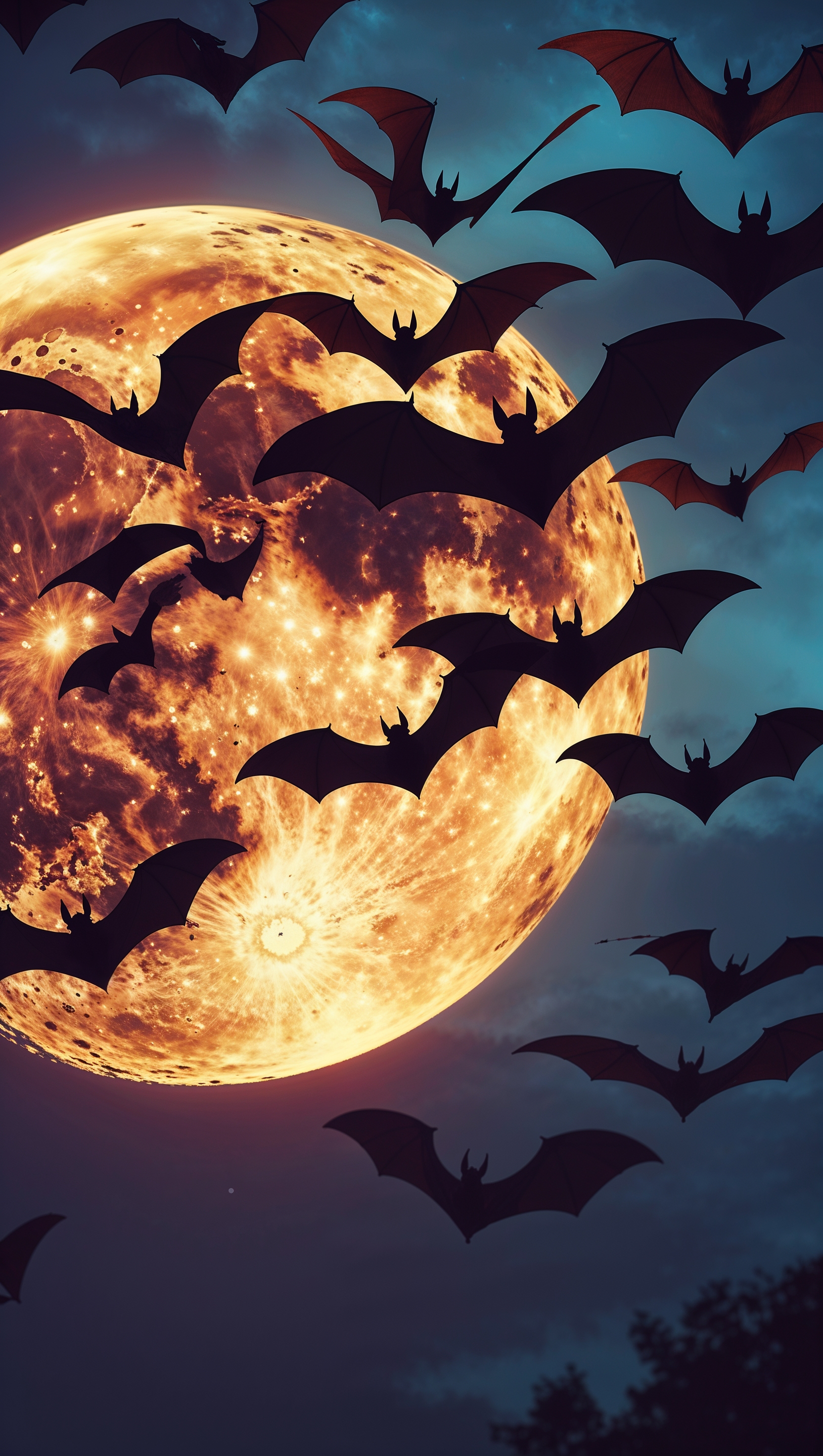 iPhone wallpaper with flying bats and orange full moon