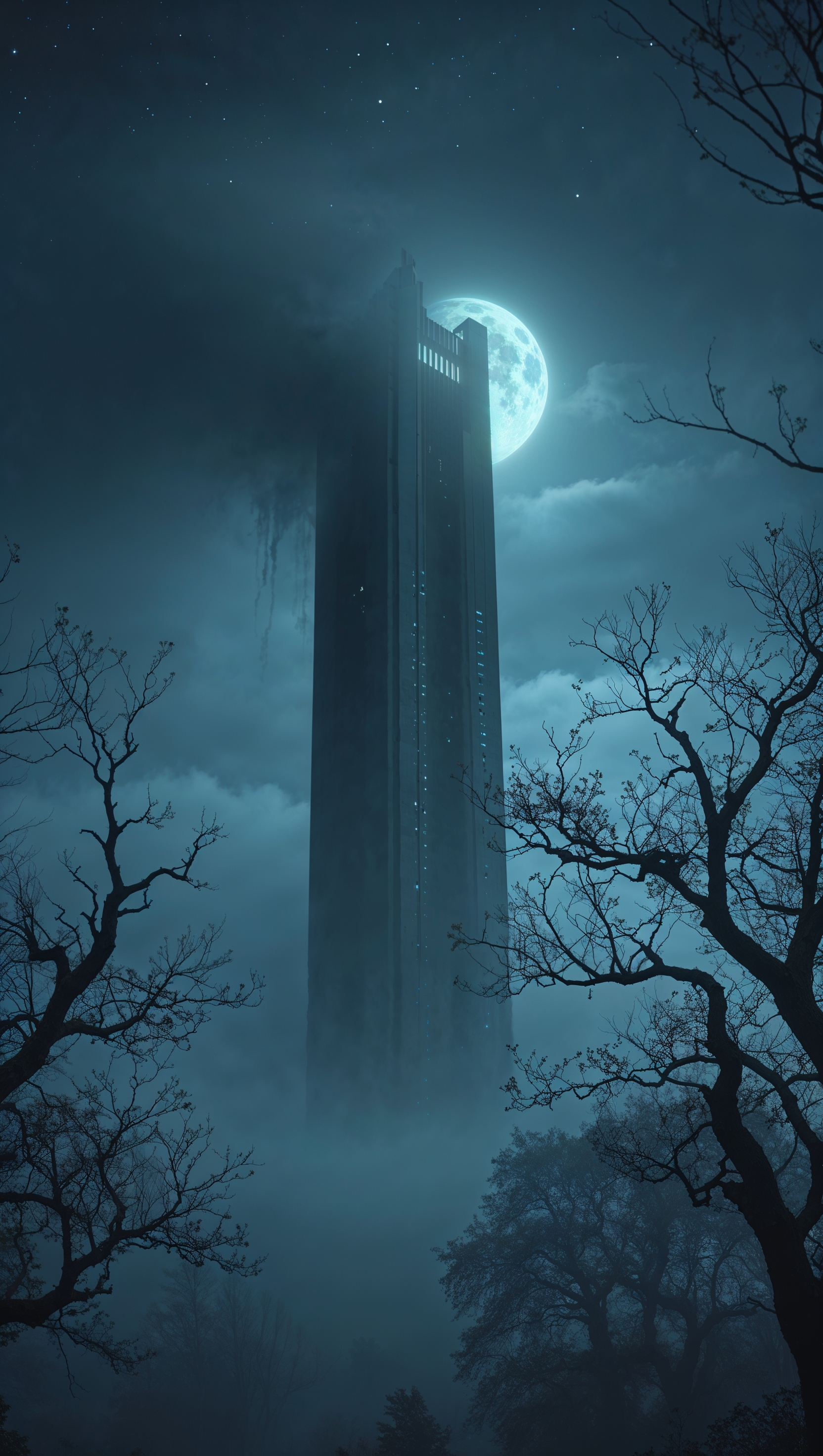 iPhone wallpaper with foggy night and dark tower in background