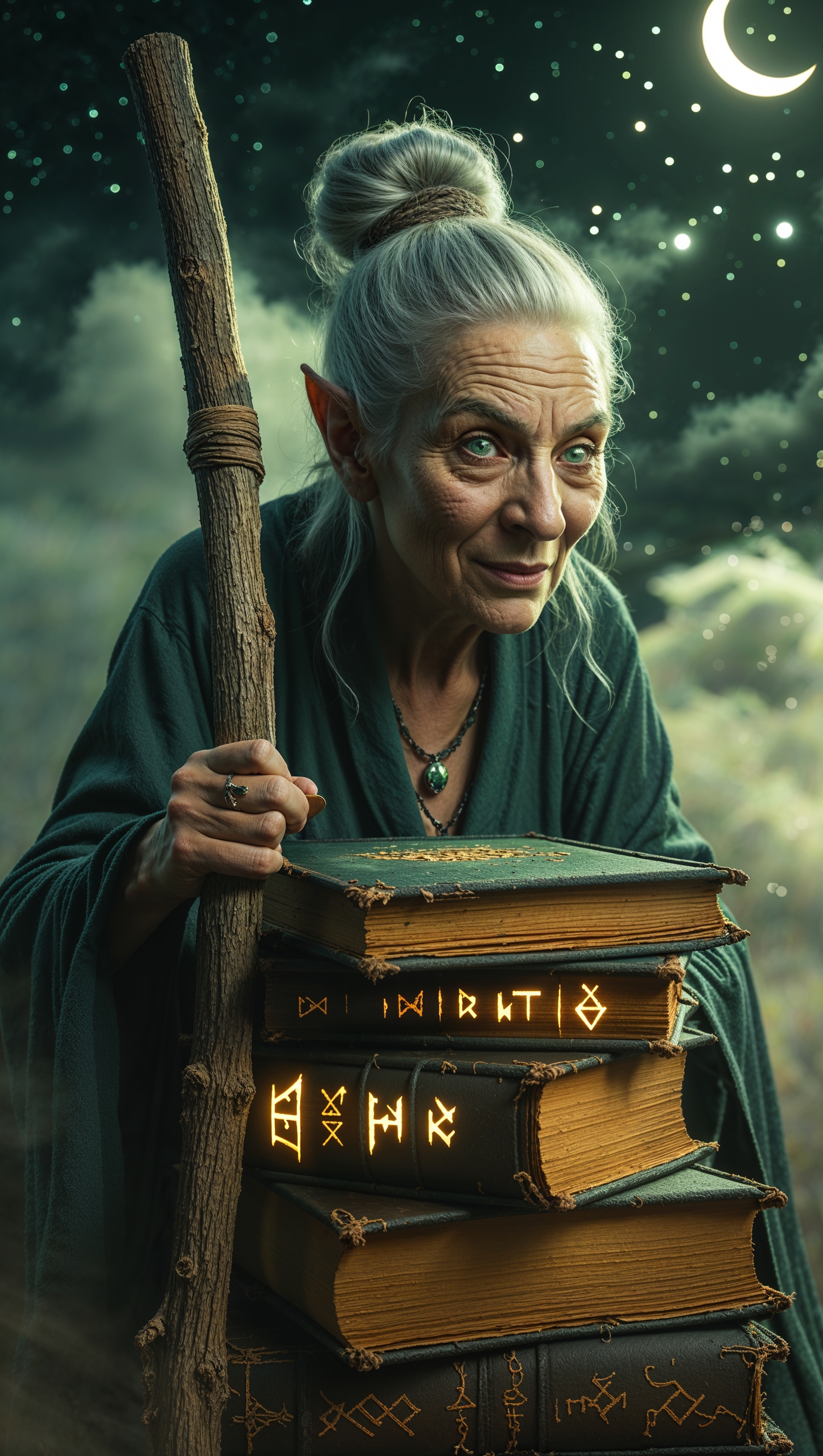 iPhone wallpaper with old witch next to magic books