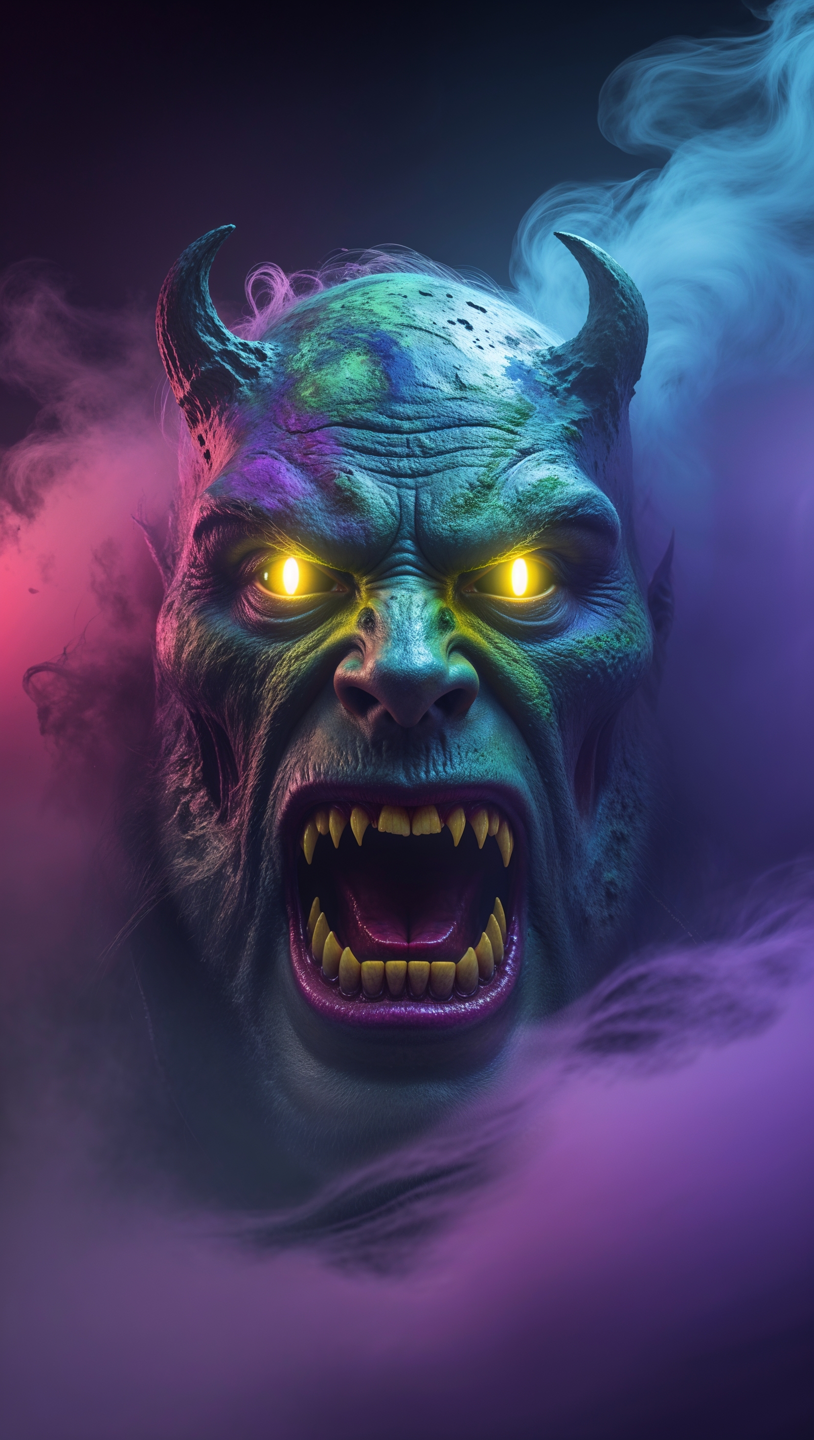 iPhone wallpaper with monster face in dark colorful fog